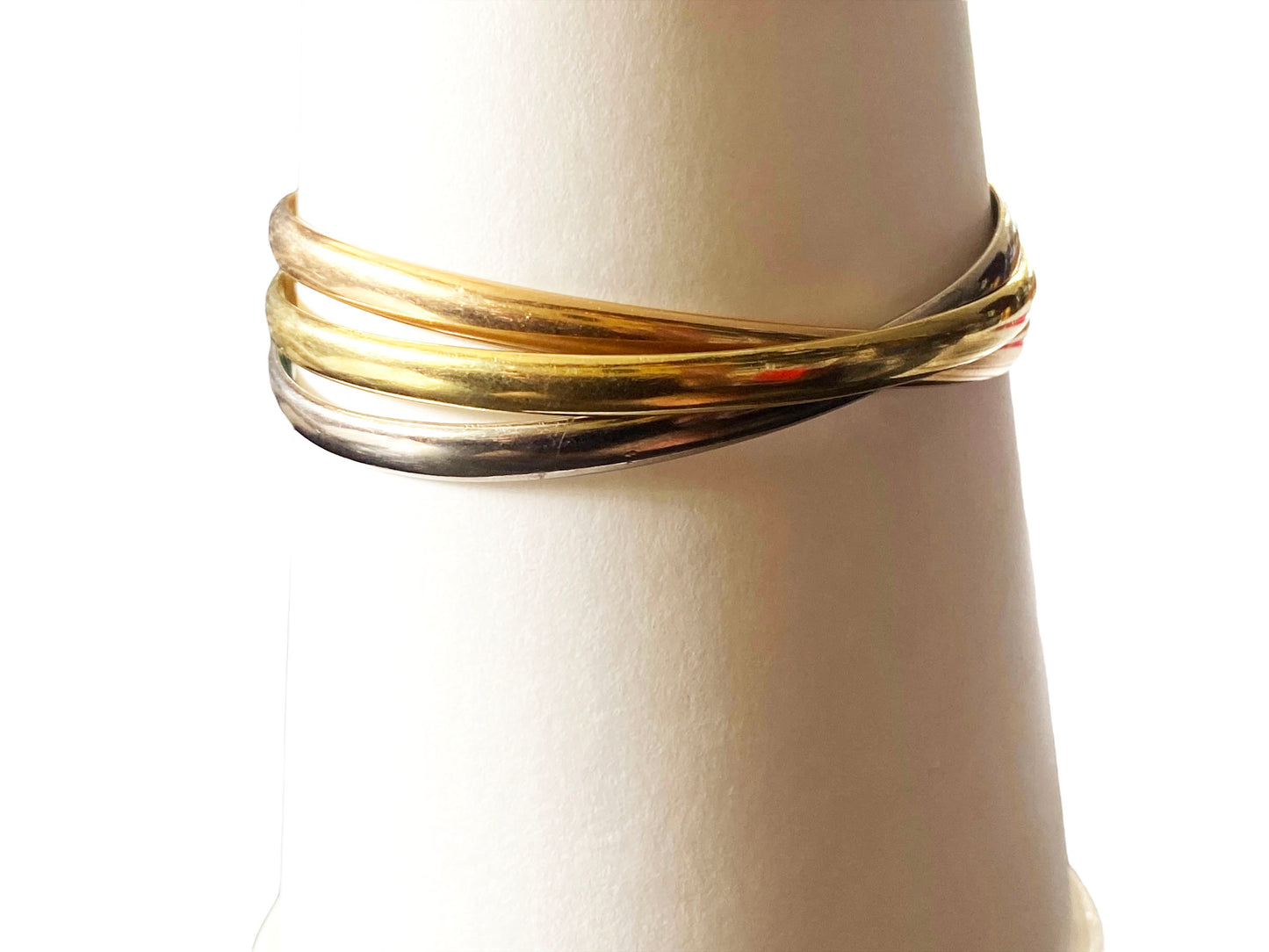 #4861Cartier  Style Tri-Tone 18 Karat Interlocking 3 Bangle Trinity Bracelet