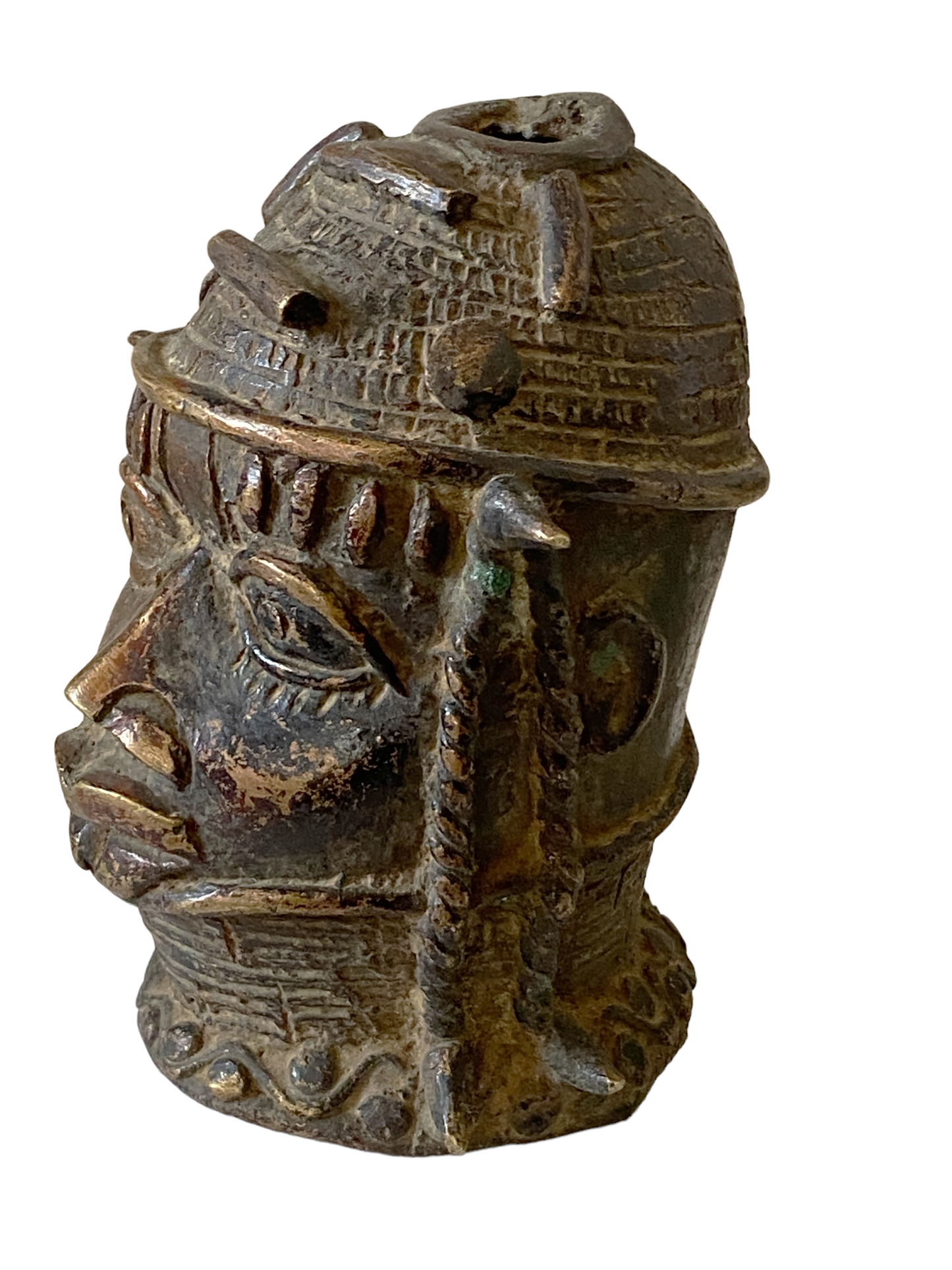 #8338 Stunning Old Benin Bronze Brass Head of Oba Nigeria African 4.5"H