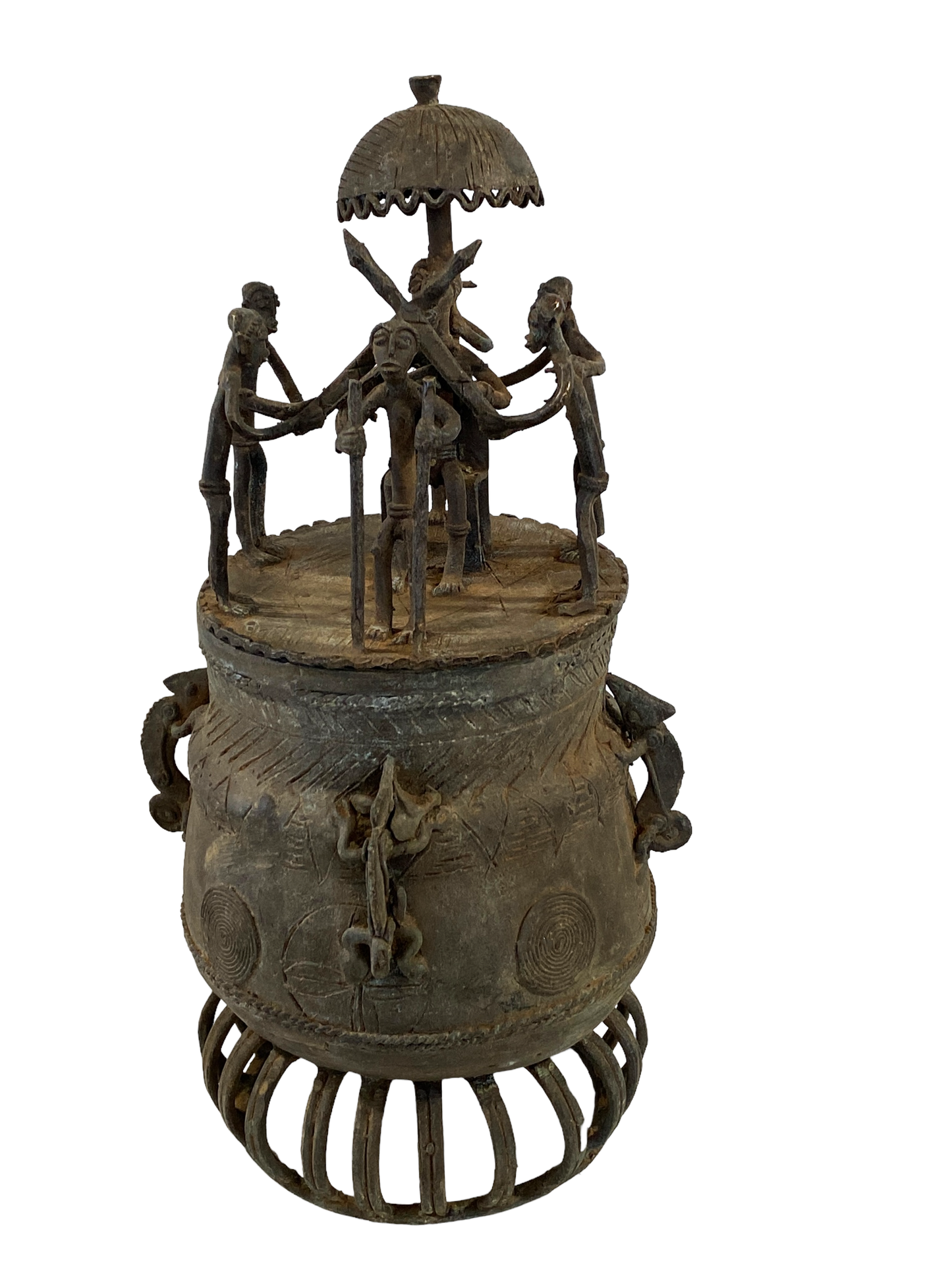 #5223 African Cast Bronze Vessel Kuduo Ashanti Tribe Ghana 12.25" H