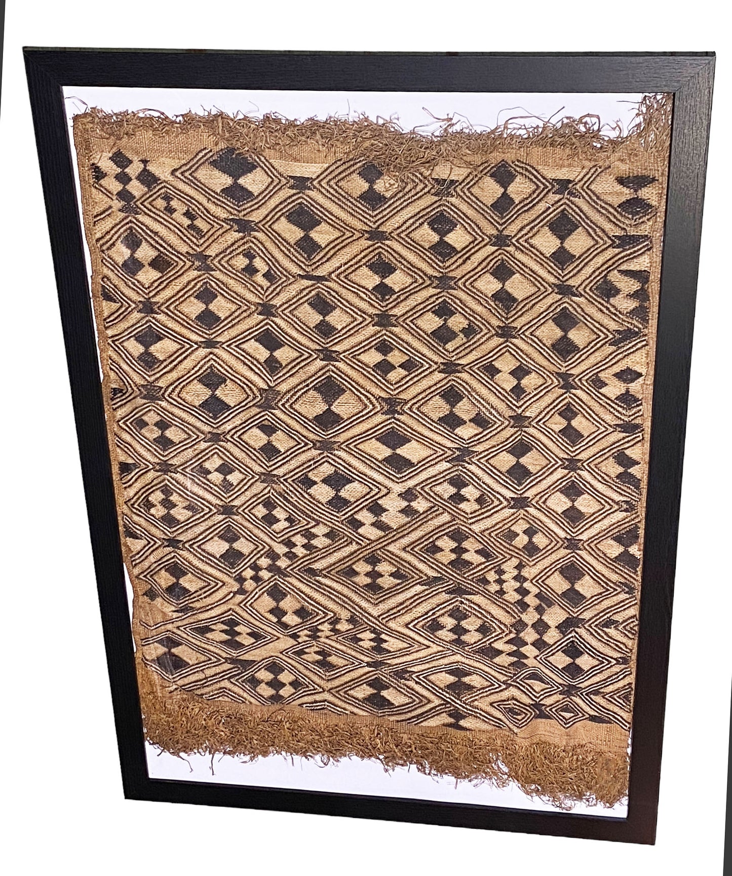 #5332 African tribal Kuba Kasai Raffia Textile framed 24" by 36"