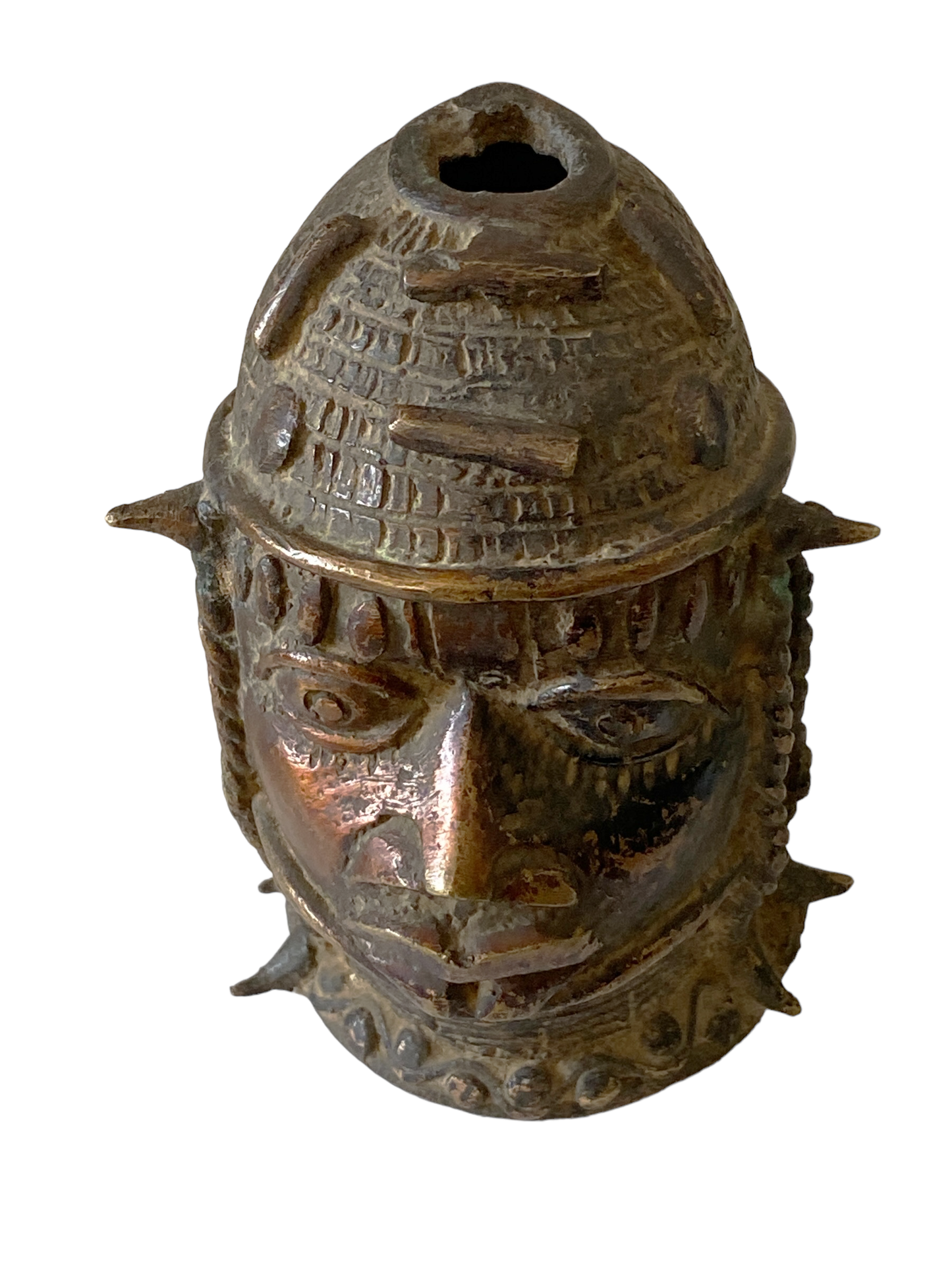 #8338 Stunning Old Benin Bronze Brass Head of Oba Nigeria African 4.5"H
