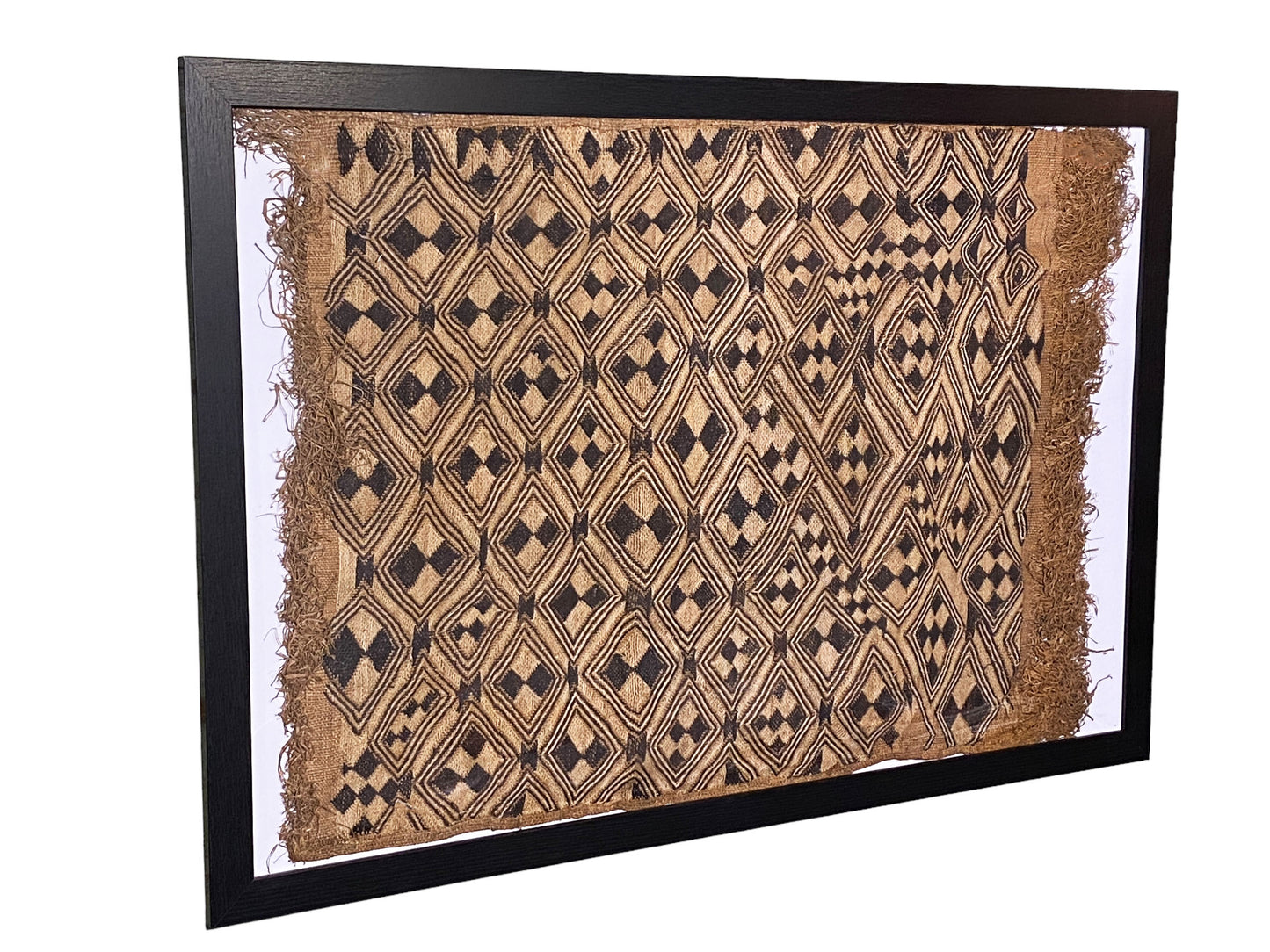 #5332 African tribal Kuba Kasai Raffia Textile framed 24" by 36"