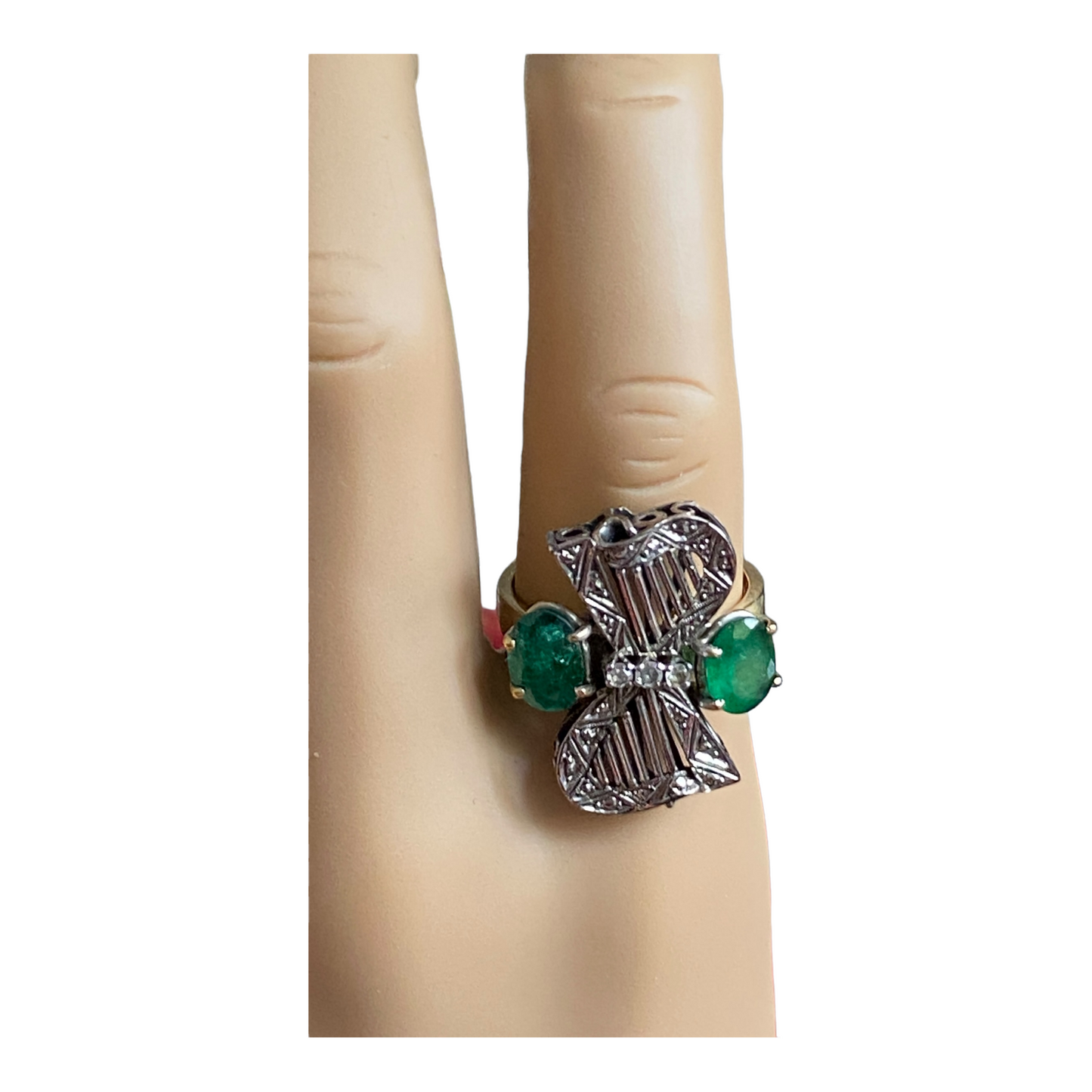 #4865 Art Deco 18 k Gold  Twin Emerald & Diamond Ring ...