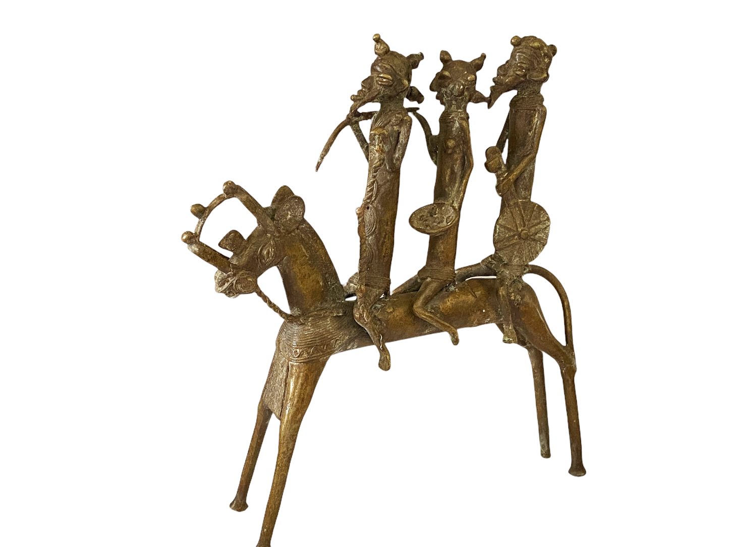 #4895 LG  African Kotoko Bronze Horseman W/ 3 Companions 17" H Chad