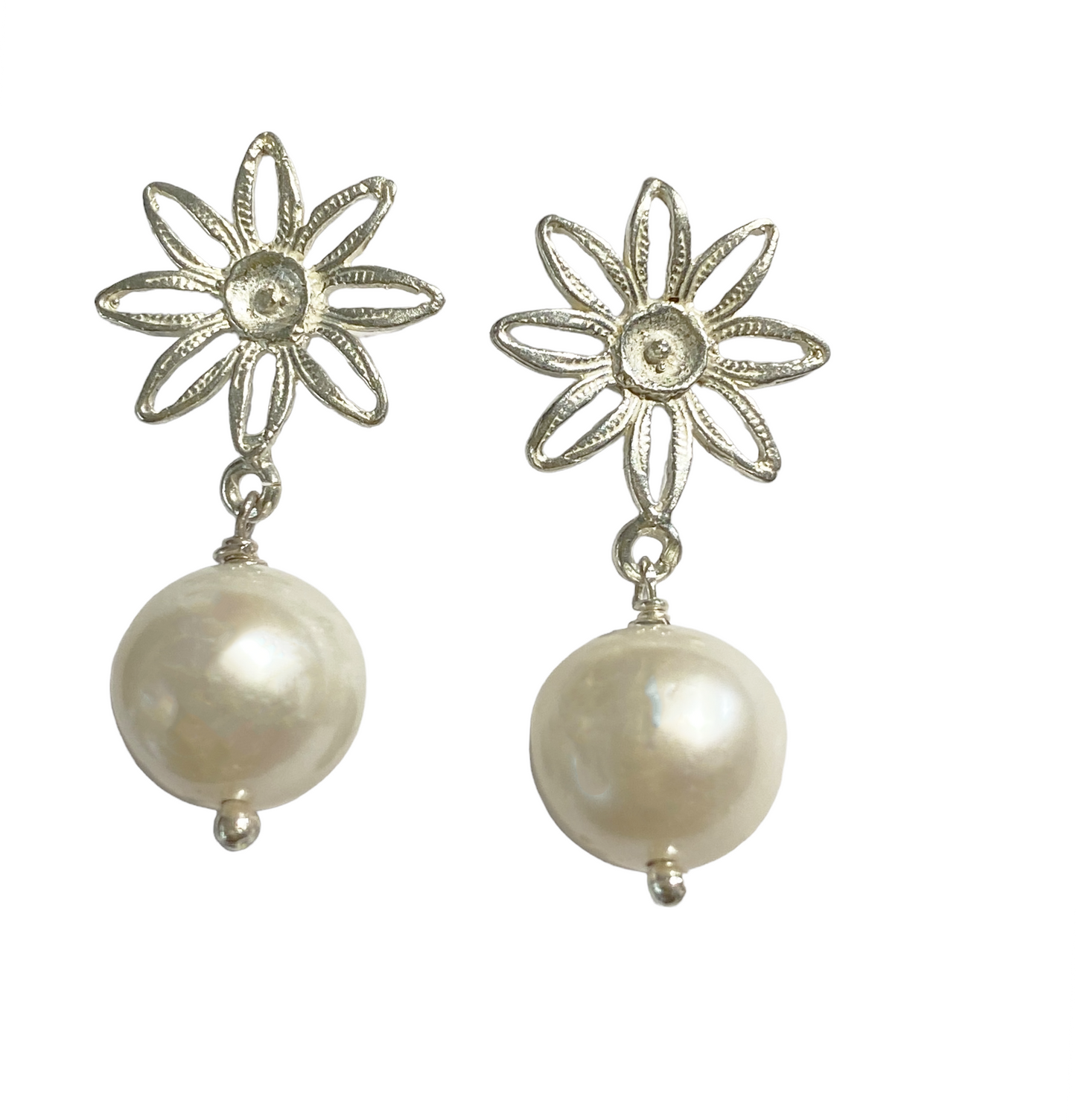 #5051 Custom Made  11.7MM Round White  Pearl Stud Earrings W/Filigree Sterling Silver