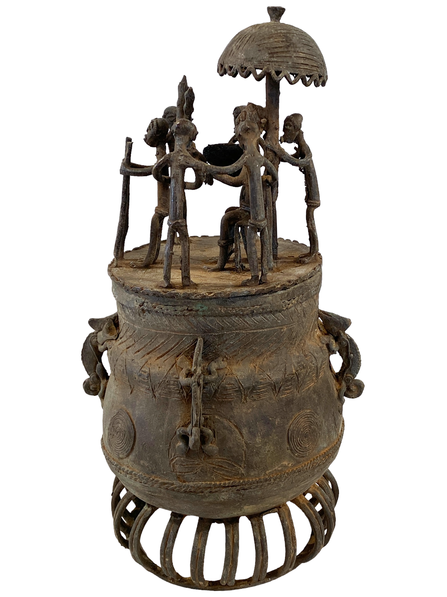 #5223 African Cast Bronze Vessel Kuduo Ashanti Tribe Ghana 12.25" H