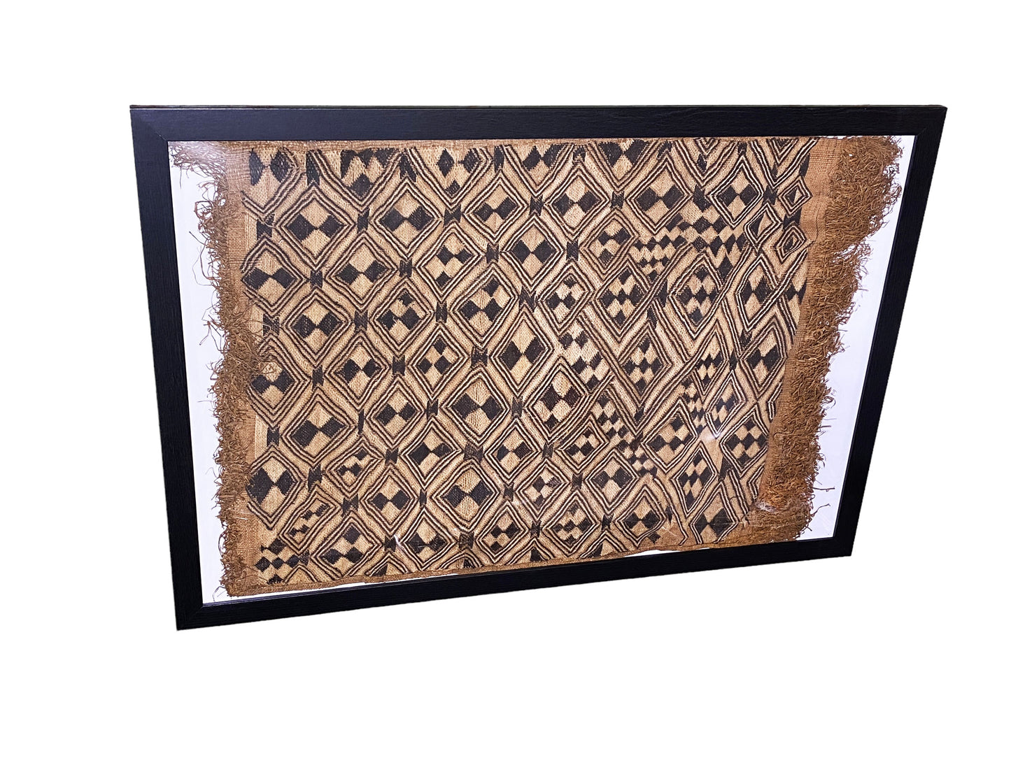 #5332 African tribal Kuba Kasai Raffia Textile framed 24" by 36"