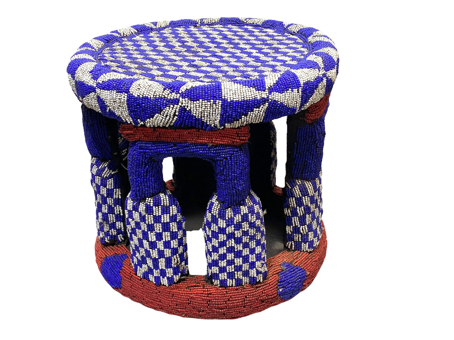 # 4581 LG Nobility Beaded Wood Bamileke Throne /Table/ Stool Cameroon 19.5" D