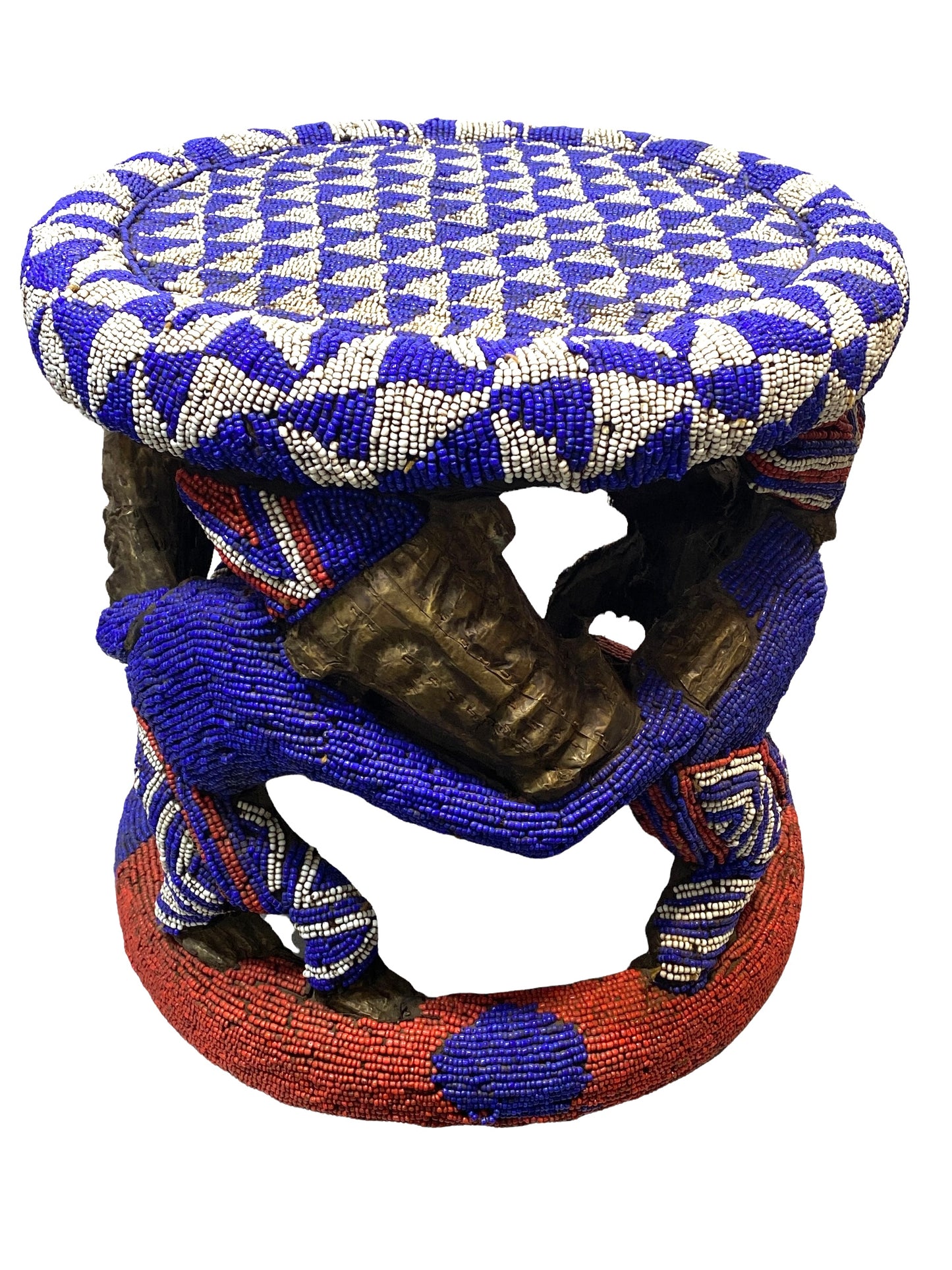 # 4577 LG Nobility Beaded Wood Bamileke Throne /Table/ Stool Cameroon 21" D