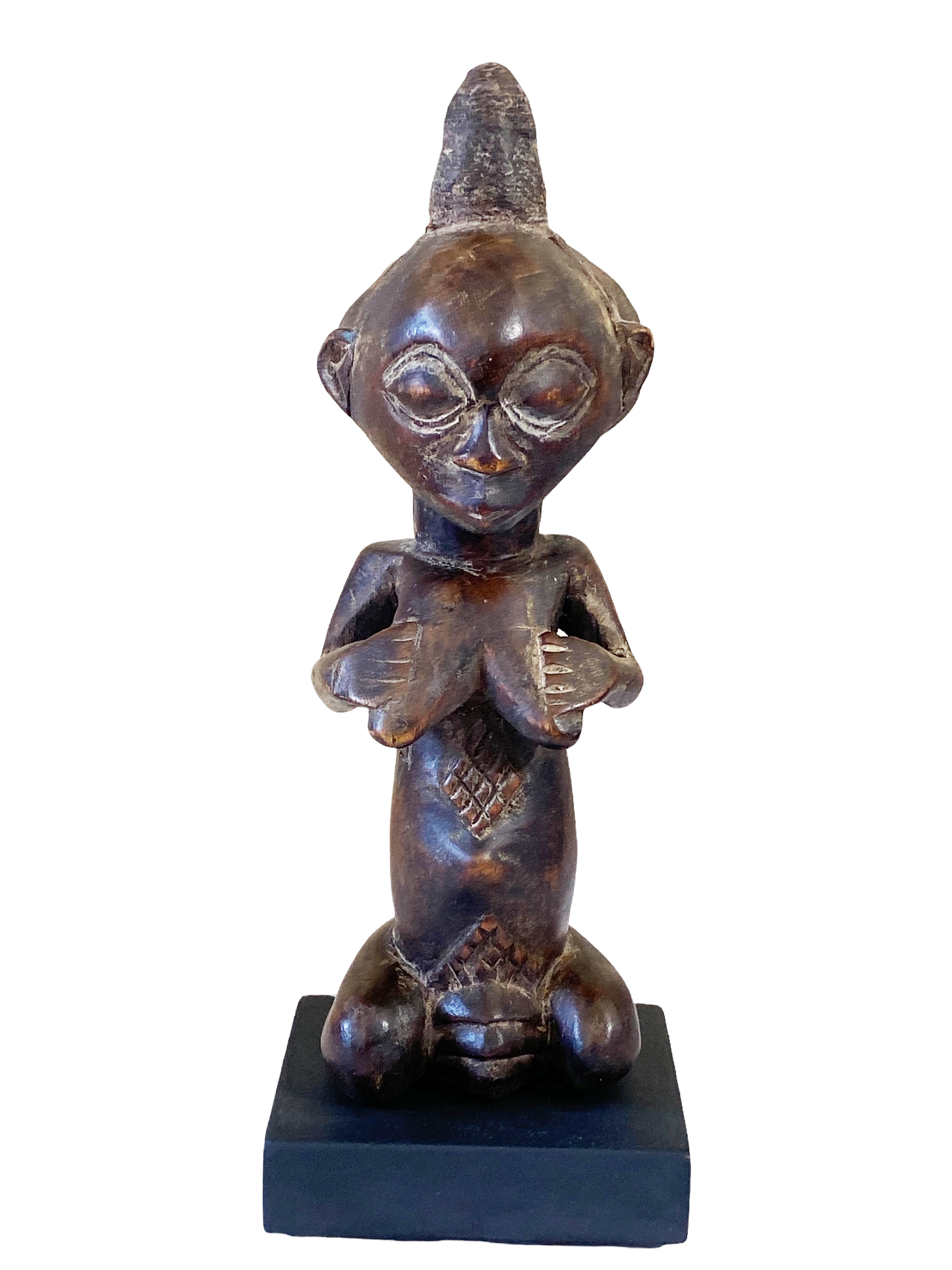 #4745 Tribal  African Luba, Court Knelling  Fertility Female DR of Congo on Stand 13.5" H