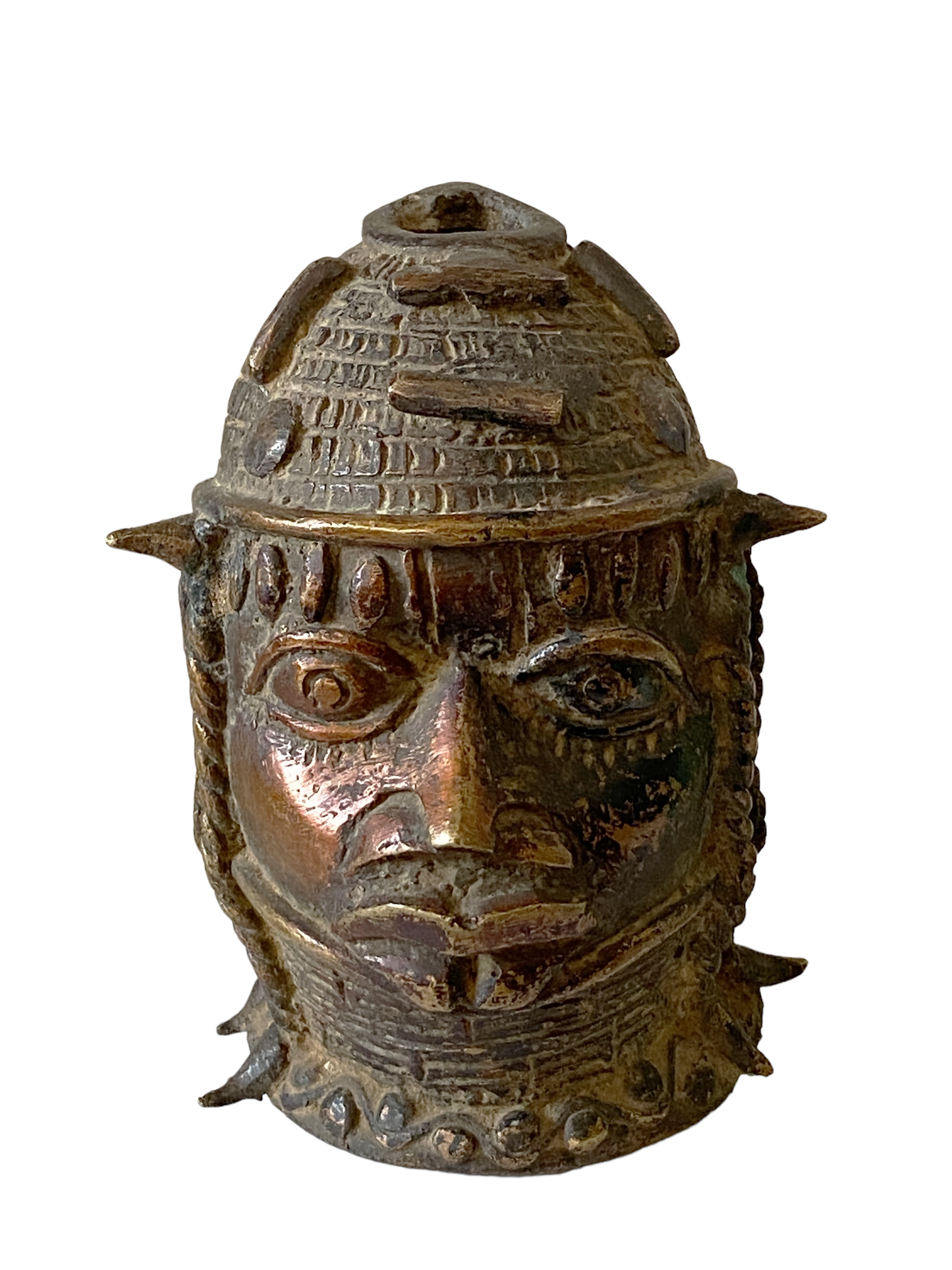 #8338 Stunning Old Benin Bronze Brass Head of Oba Nigeria African 4.5"H
