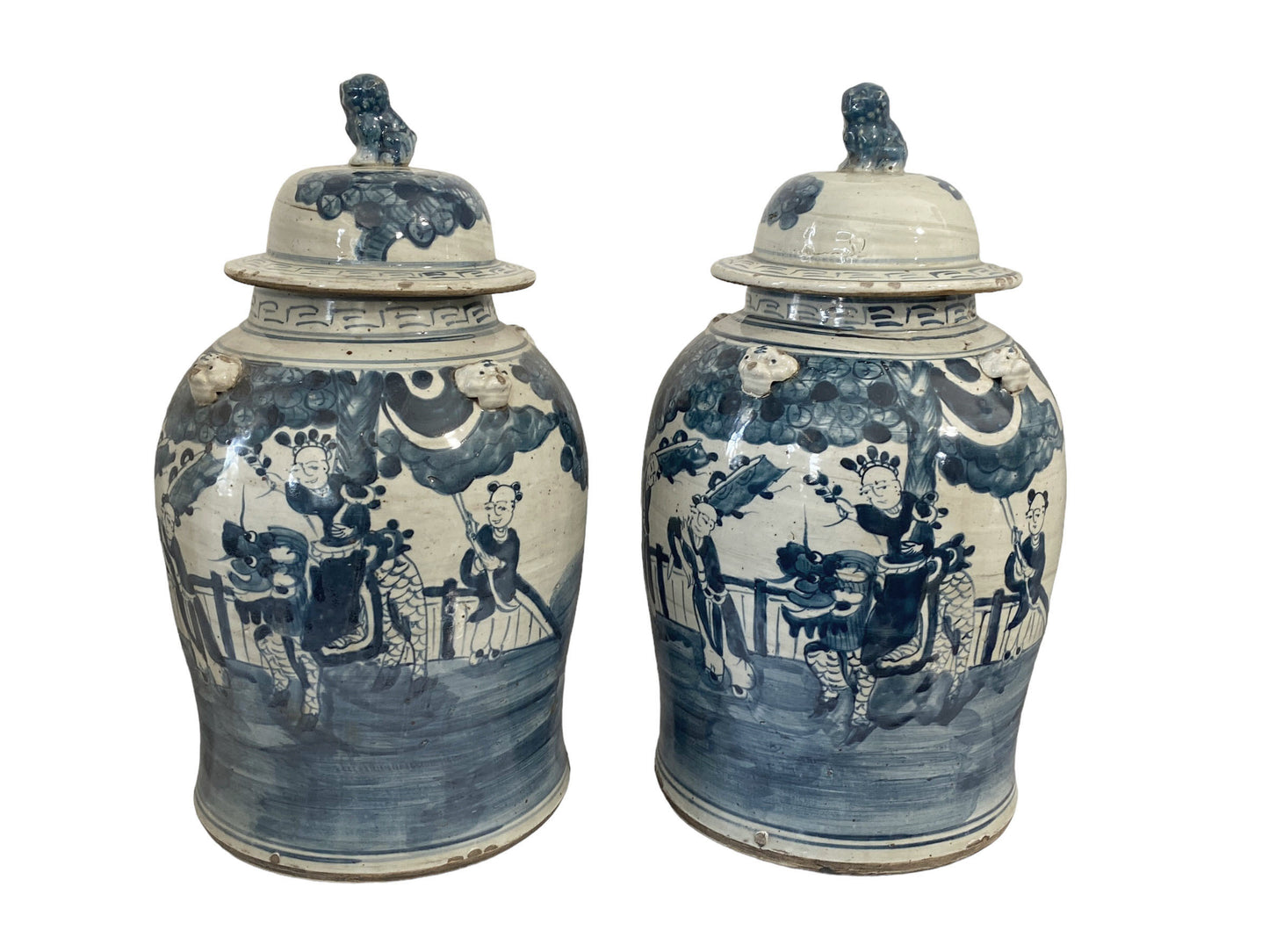 #207 Porcelain Lidded Blue & White Chinoiserie Ginger Jars - a Pair 18.5" H