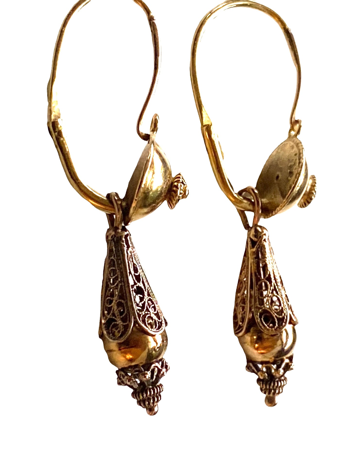 #4540 Antique Gold Portuguese 18k Filigree Bomb Drop Earrings