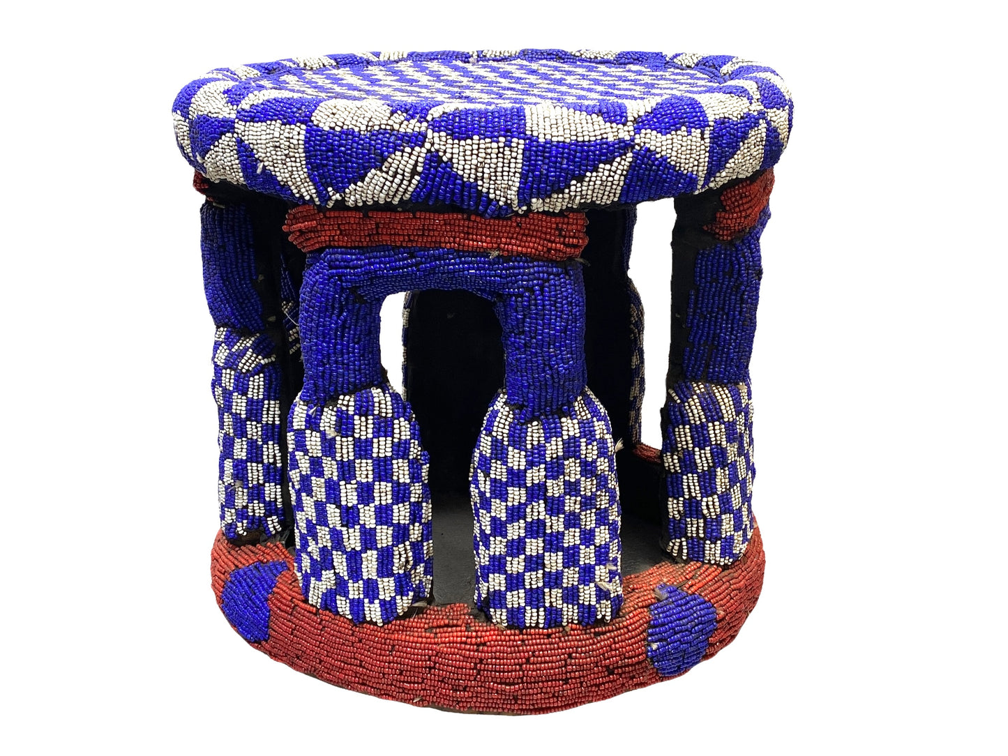 # 4581 LG Nobility Beaded Wood Bamileke Throne /Table/ Stool Cameroon 19.5" D
