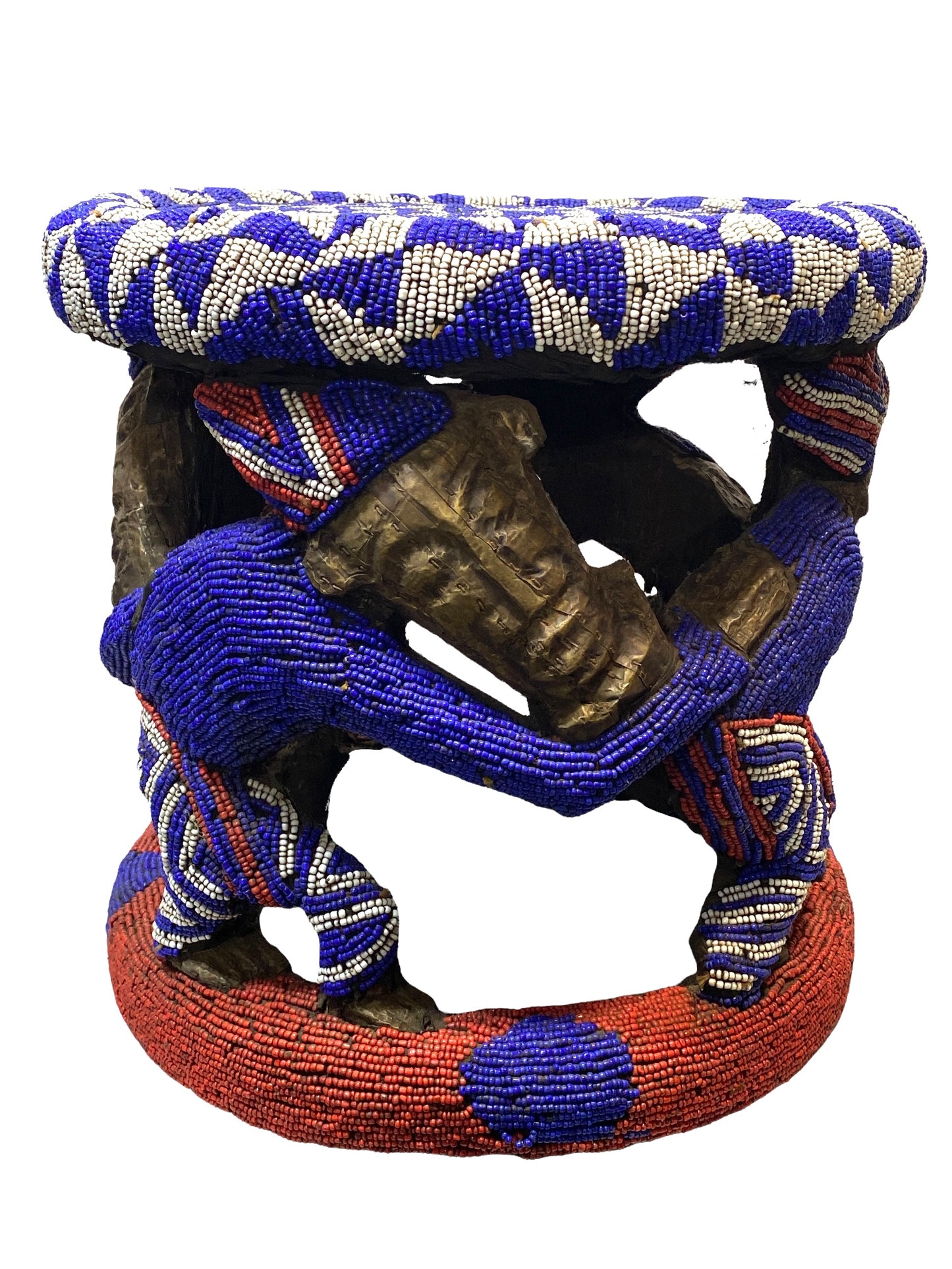 # 4577 LG Nobility Beaded Wood Bamileke Throne /Table/ Stool Cameroon 21" D