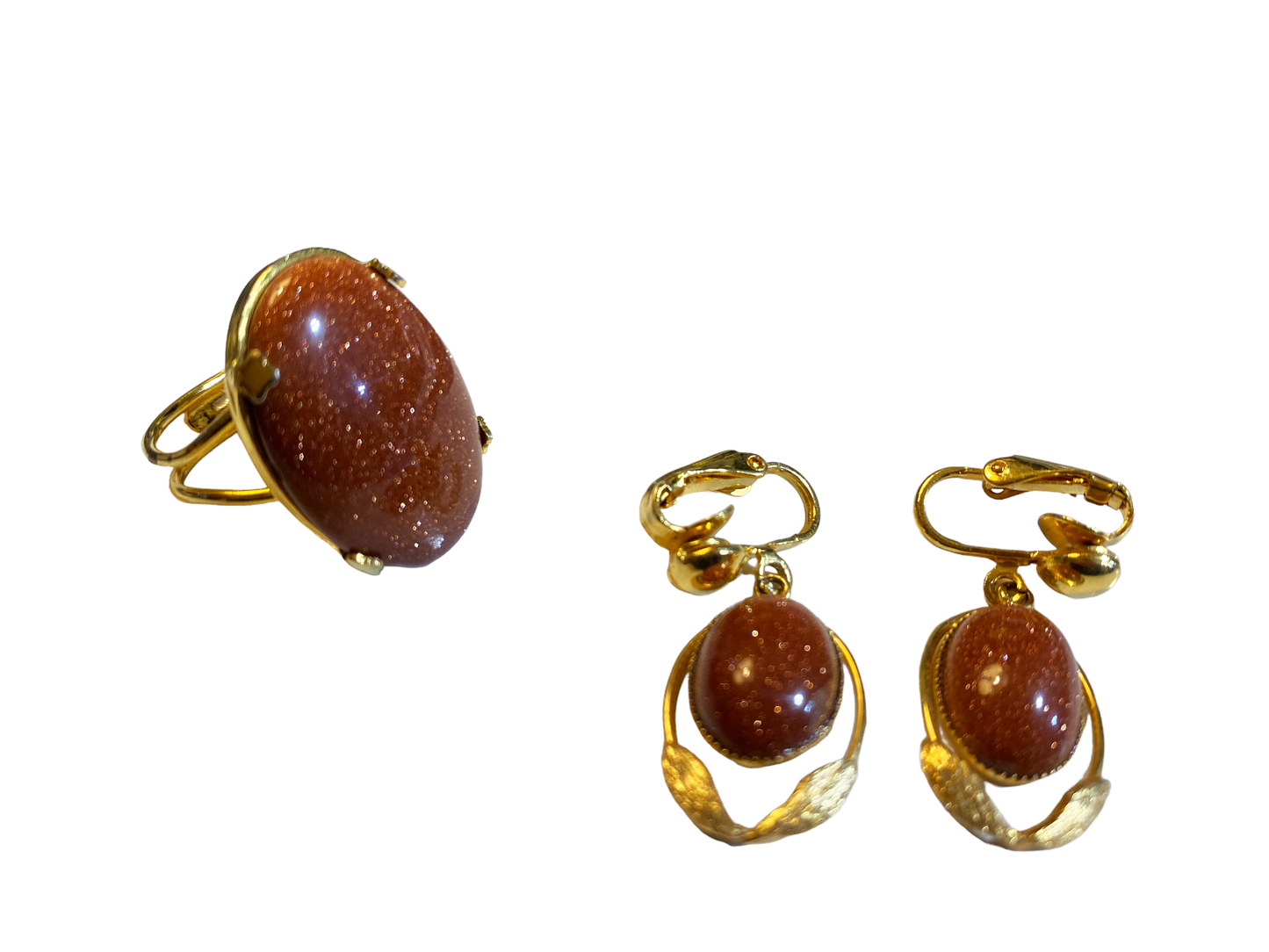 #5075 Vintage 12K Gold Filled Hallmarked Goldstone Set of A Ring And Earrings