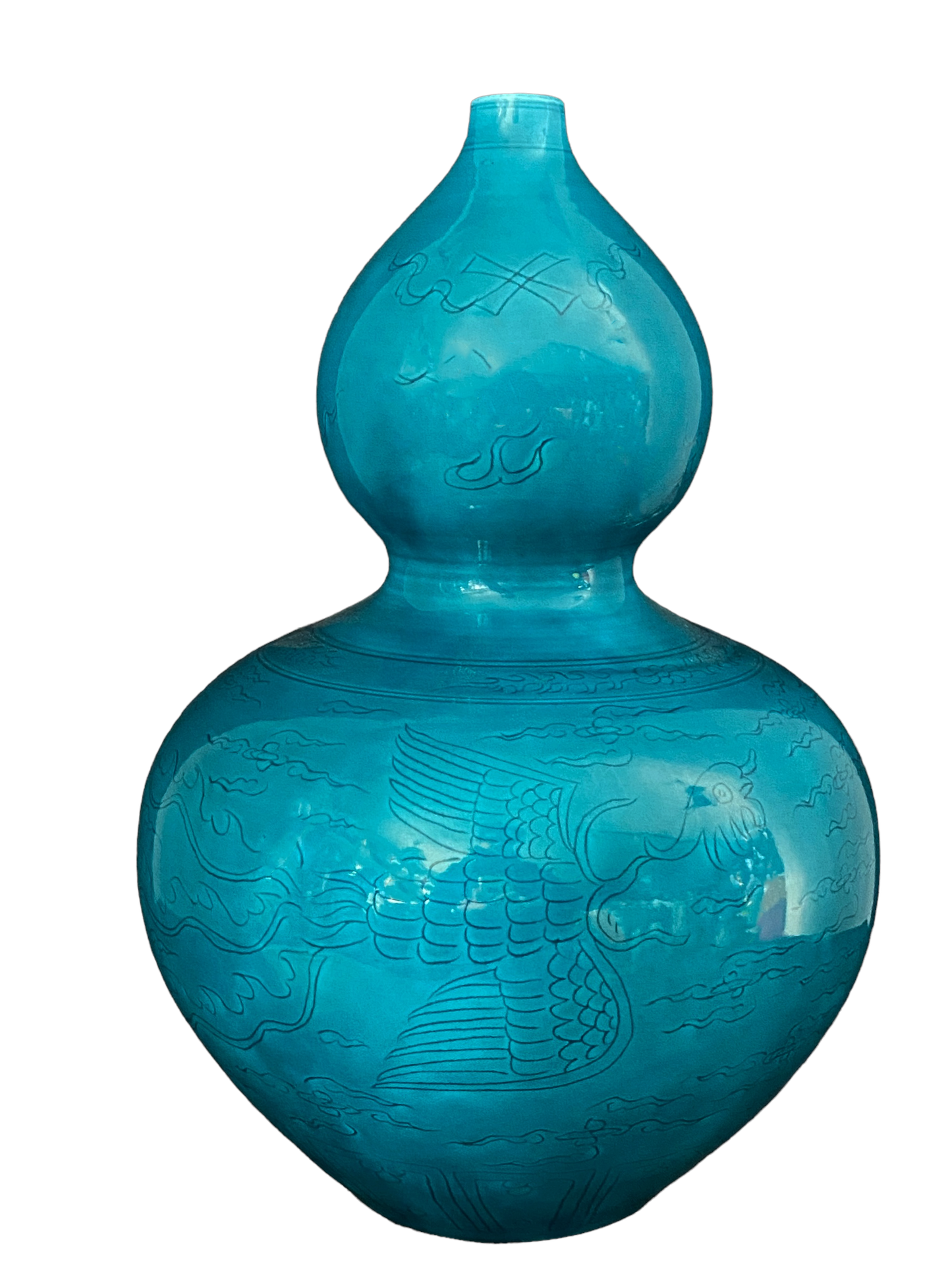 #5041 Chinoiserie Double Gourd Turquoise Porcelain Vase 13.5" H