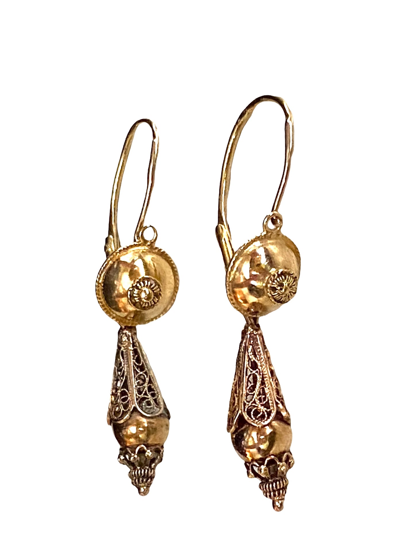 #4540 Antique Gold Portuguese  18k Filigree Bomb Drop Earrings