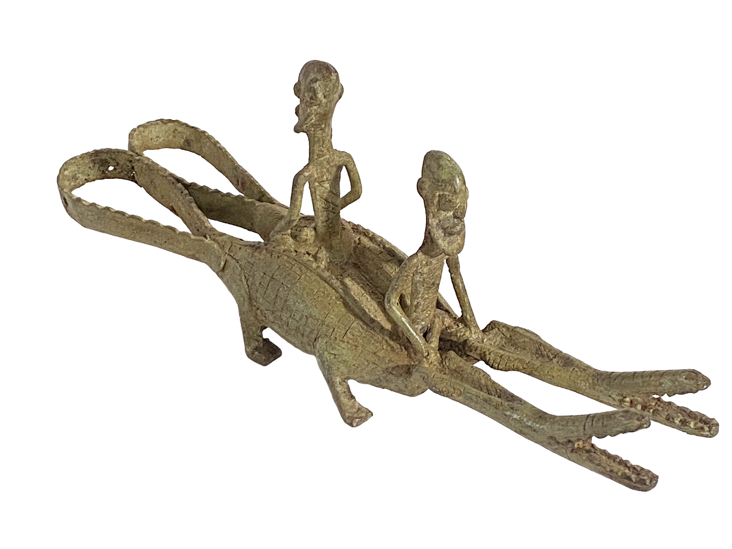 # 239 Dogon Bronze Ancestors Riding a crocodile , Mali.15 " W