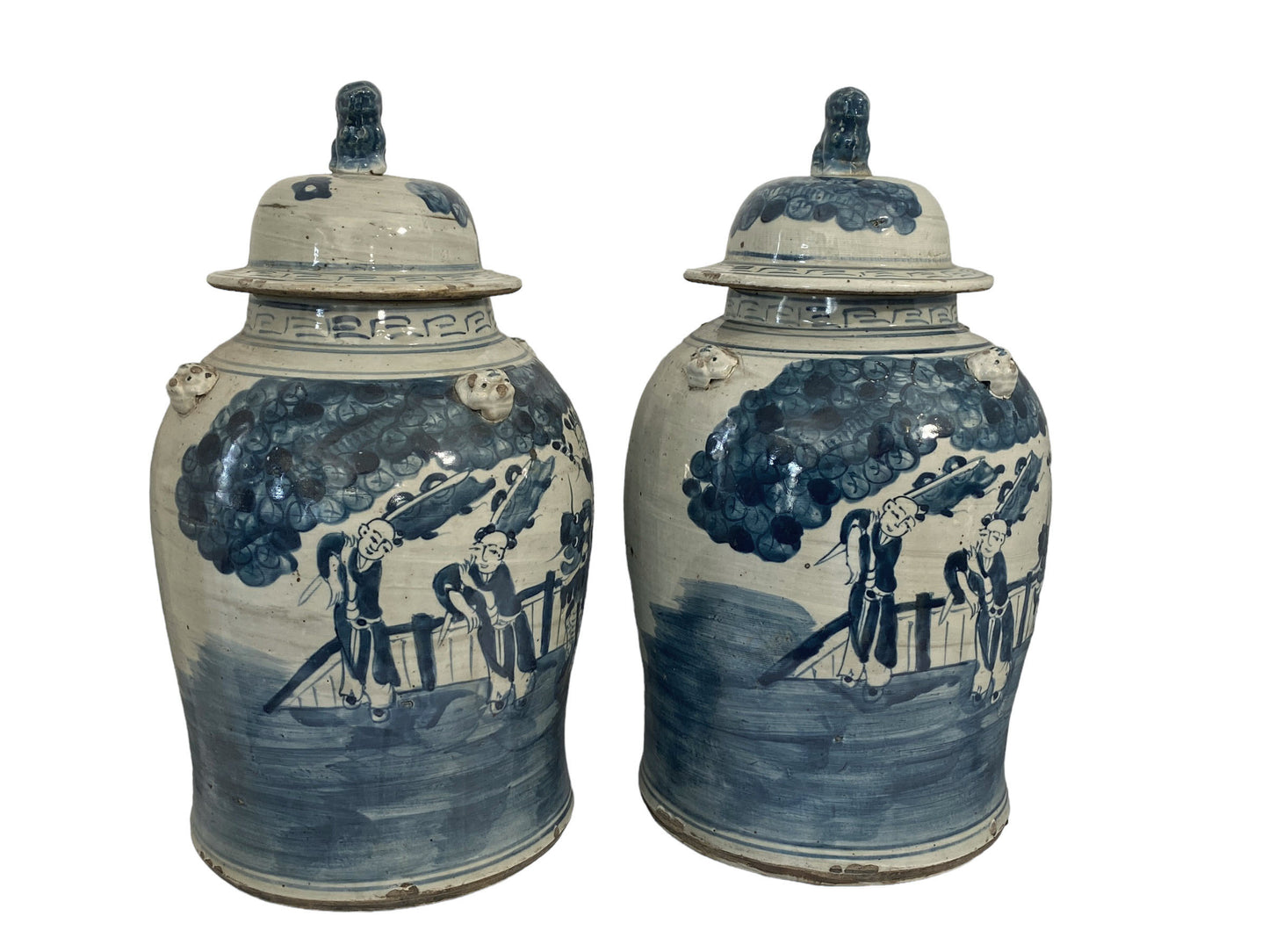 #207 Porcelain Lidded Blue & White Chinoiserie Ginger Jars - a Pair 18.5" H