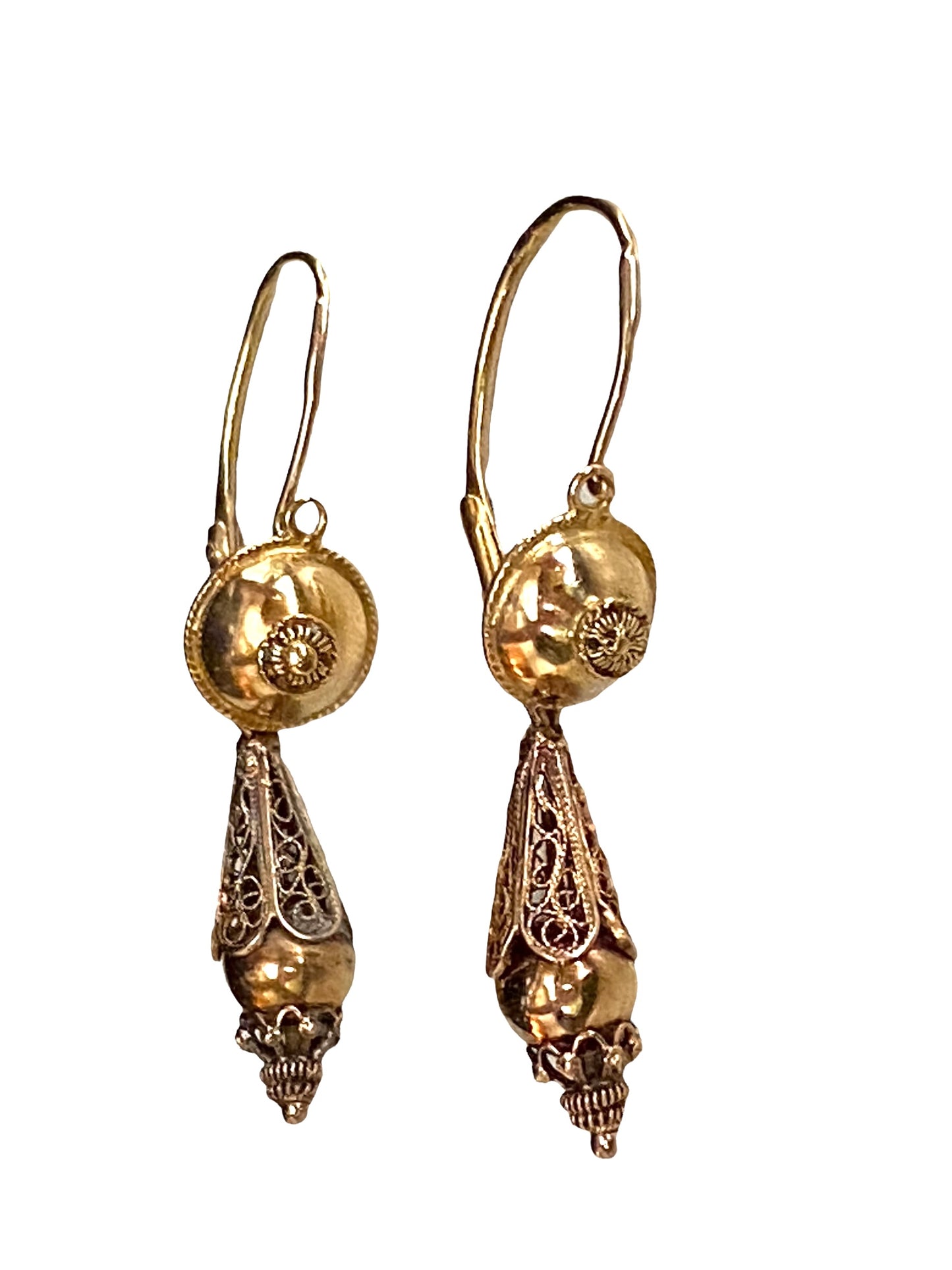 #4540 Antique Gold Portuguese  18k Filigree Bomb Drop Earrings