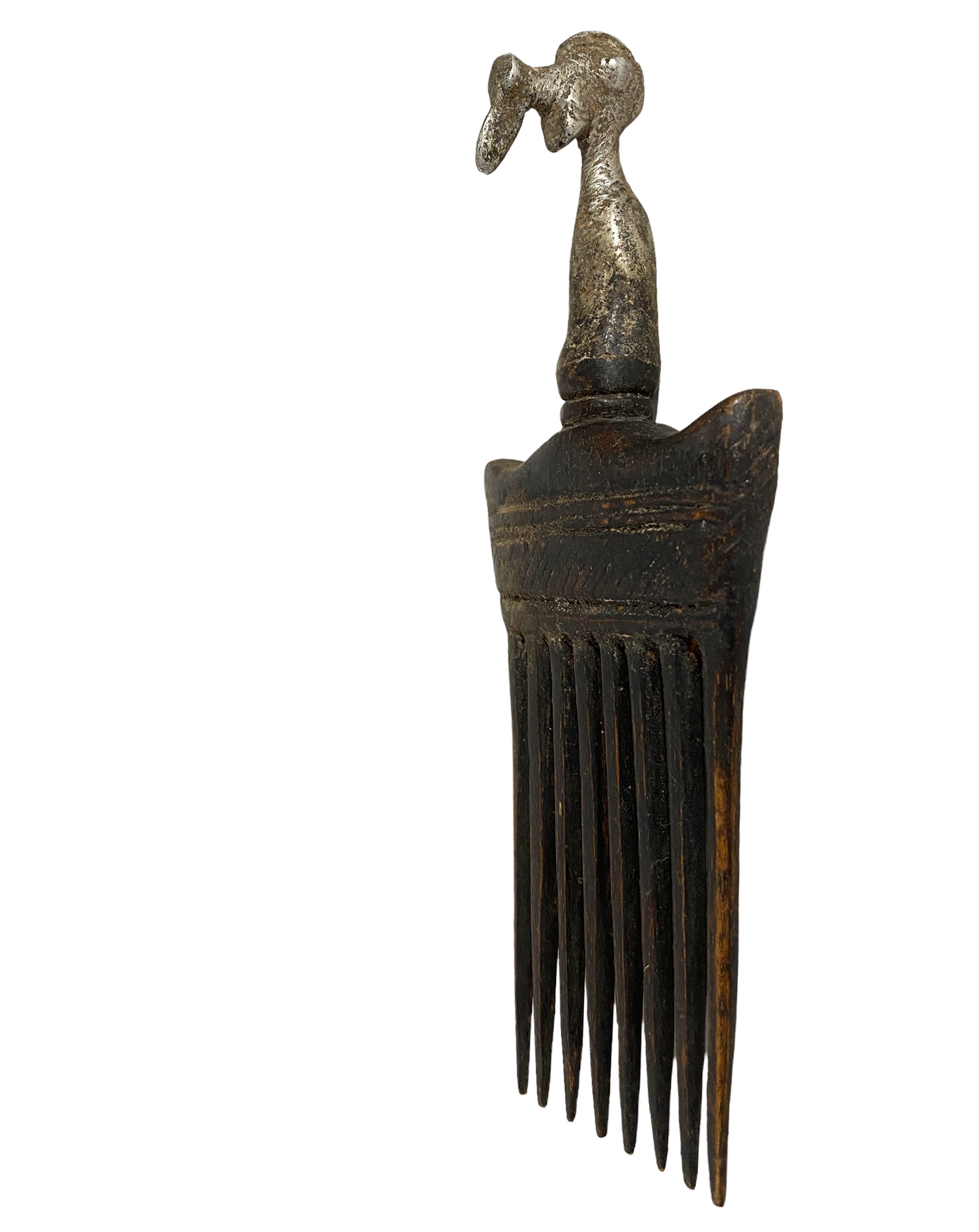 #917 African Baule I.Coast Comb W/ Aluminum Bird Head Sculpture 8 " h