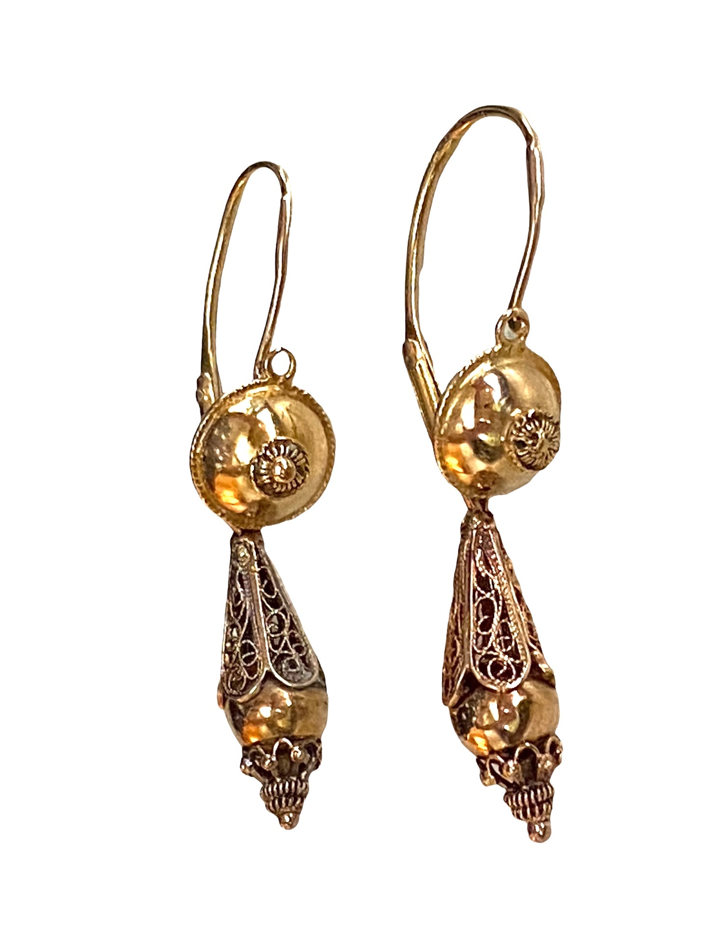 #4540 Antique Gold Portuguese  18k Filigree Bomb Drop Earrings