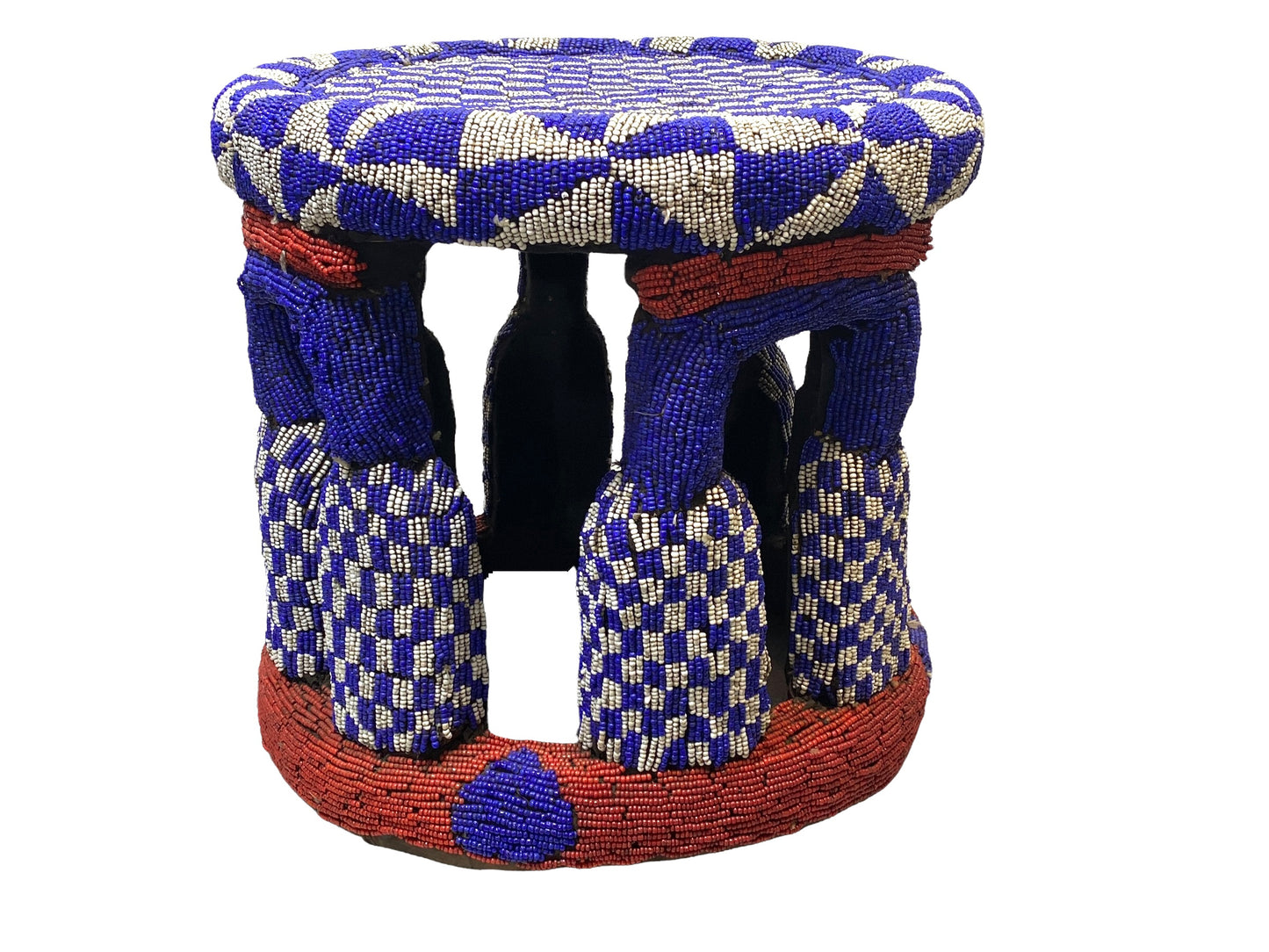 # 4581 LG Nobility Beaded Wood Bamileke Throne /Table/ Stool Cameroon 19.5" D