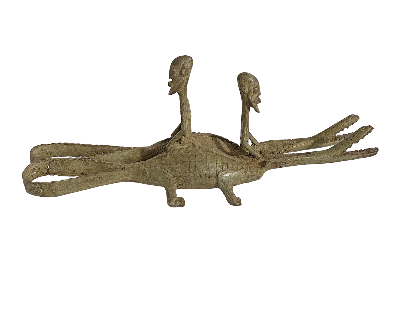 # 239 Dogon Bronze Ancestors Riding a crocodile , Mali.15 " W