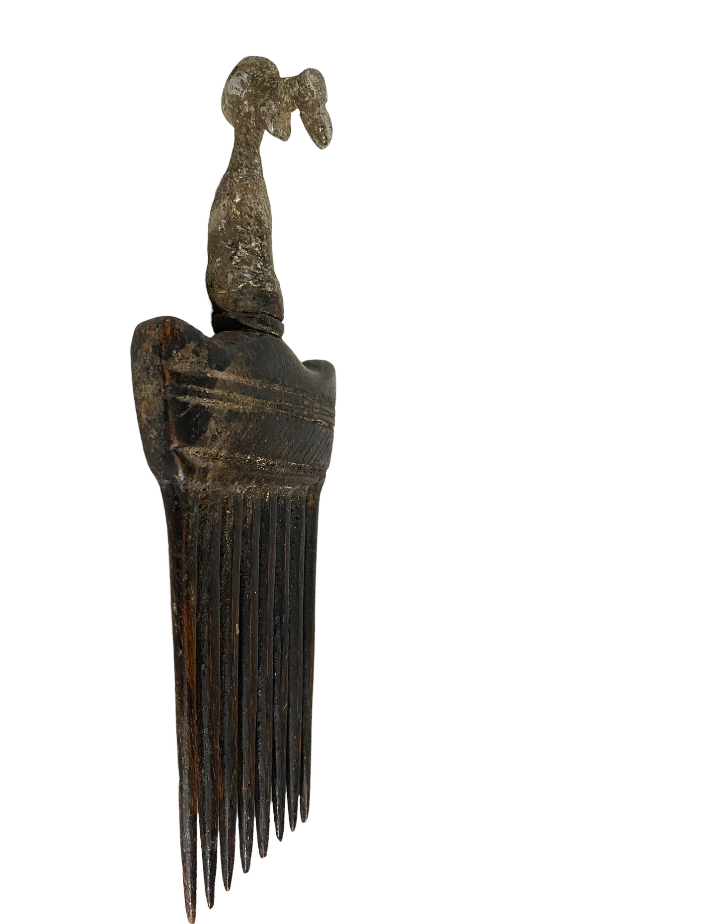 #917 African Baule I.Coast Comb W/ Aluminum Bird Head Sculpture 8 " h