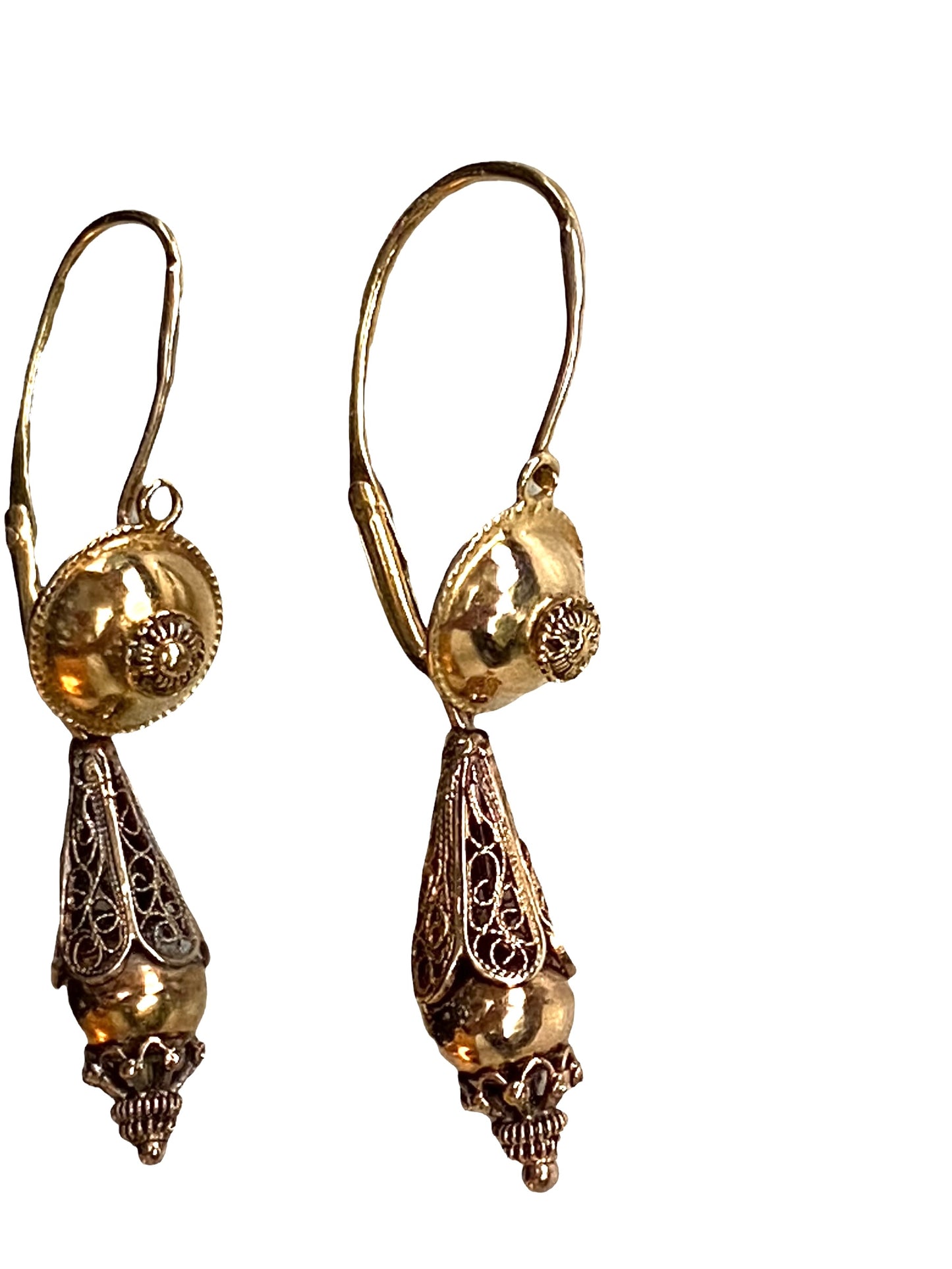 #4540 Antique Gold Portuguese 18k Filigree Bomb Drop Earrings