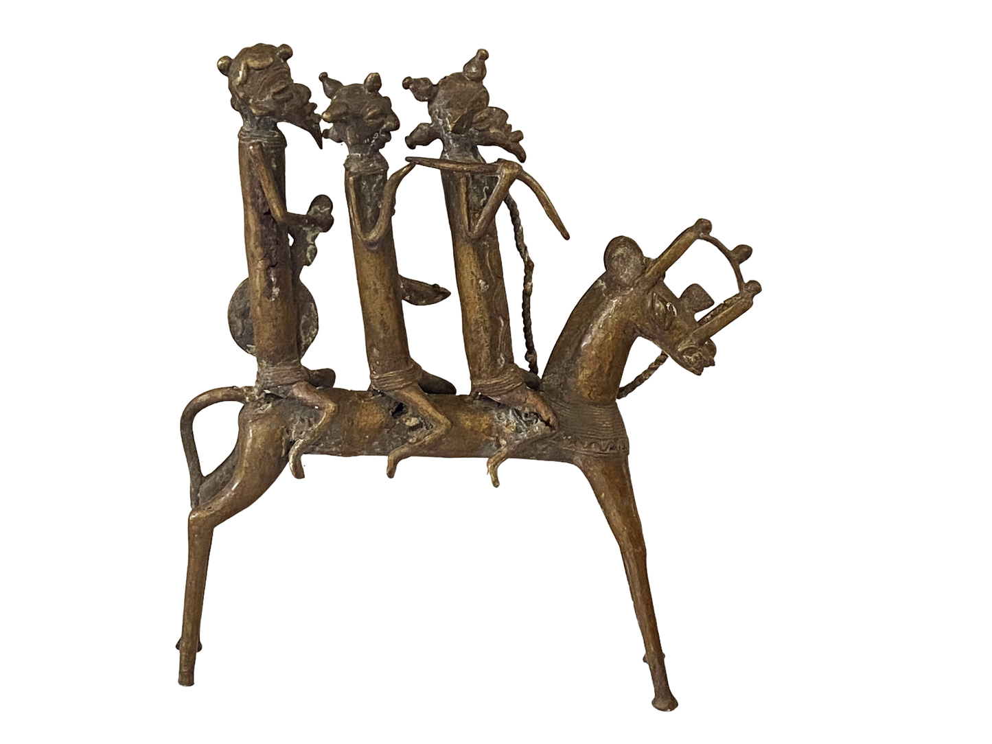 #4895 LG  African Kotoko Bronze Horseman W/ 3 Companions 17" H Chad