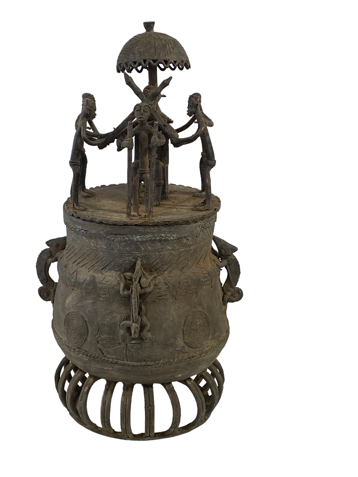 #5223 African Cast Bronze Vessel Kuduo Ashanti Tribe Ghana 12.25" H