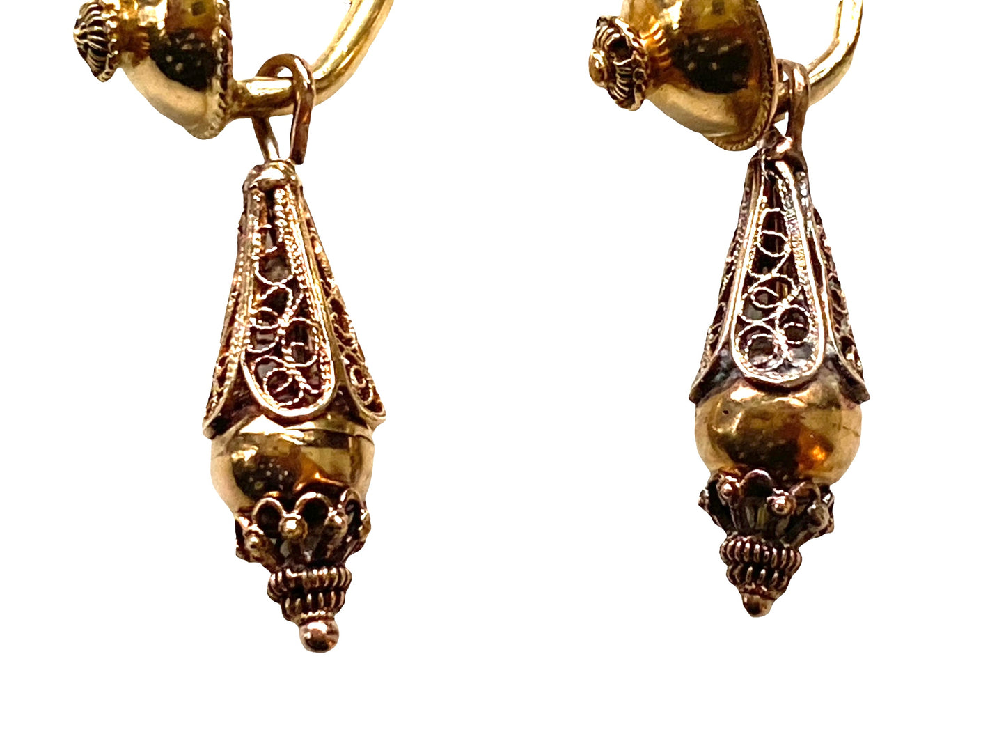 #4540 Antique Gold Portuguese 18k Filigree Bomb Drop Earrings