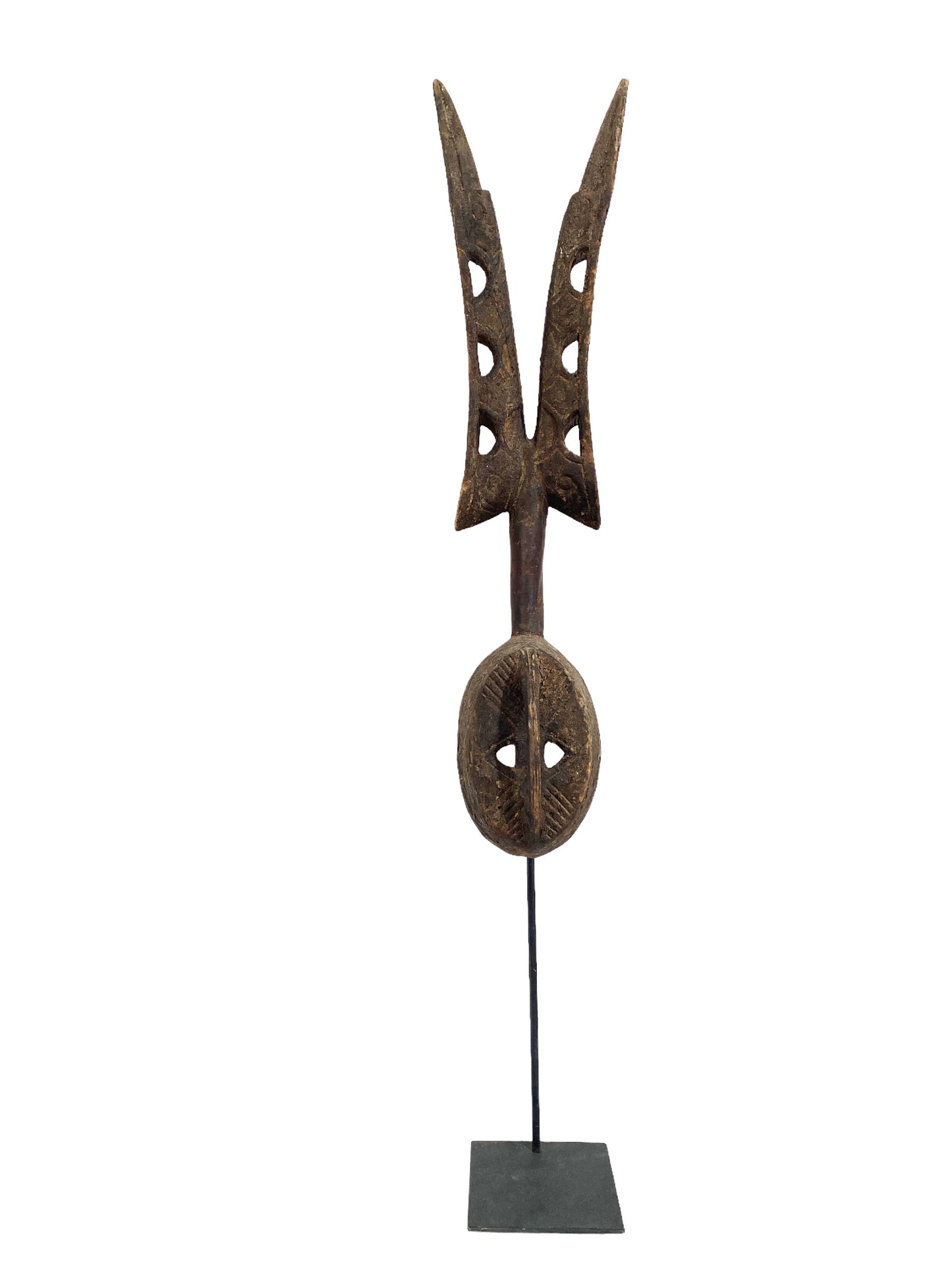 #5472 African Vintage Dogon Antelope Mask Mali 51.5" H W/Iron Stand