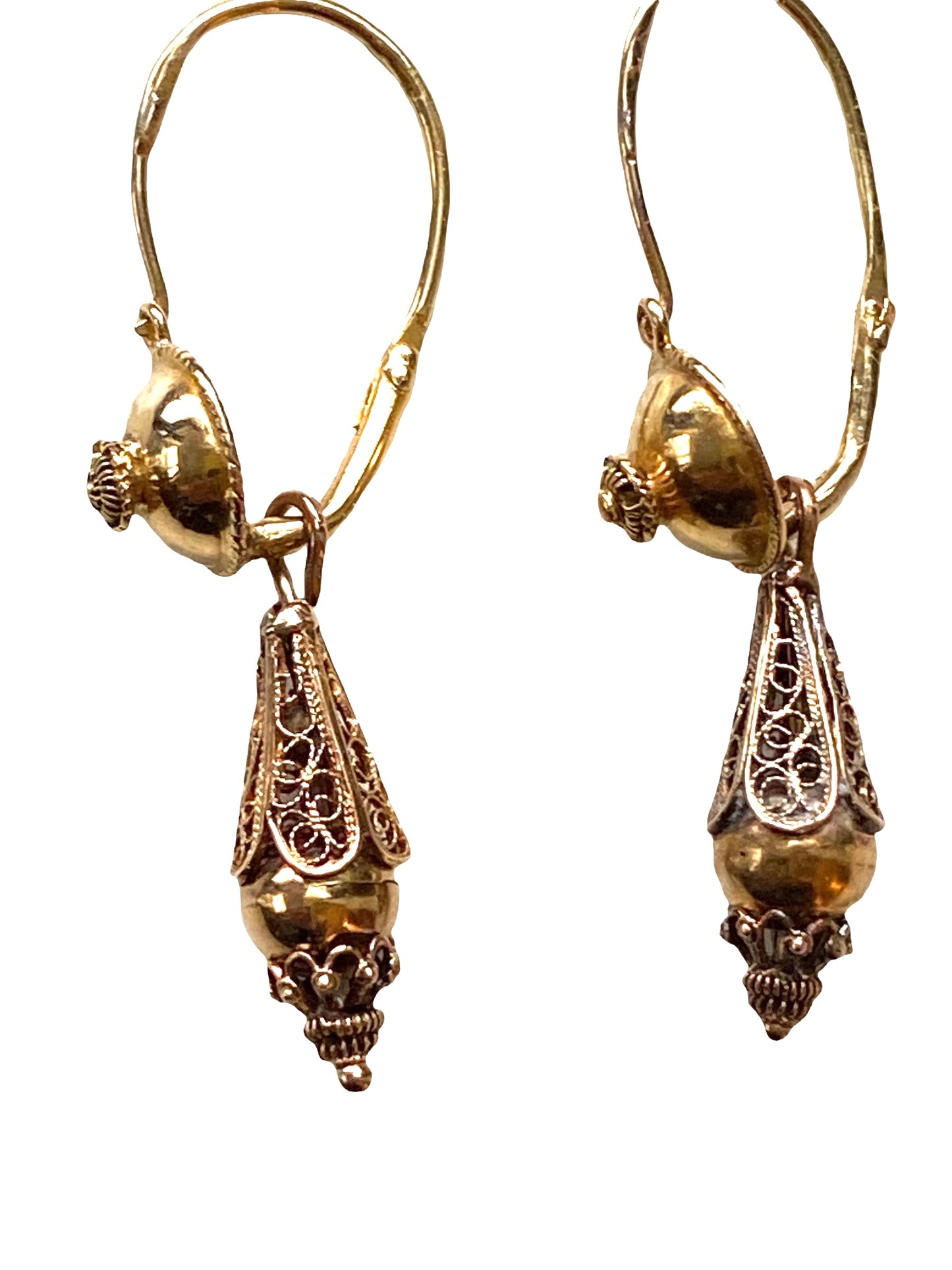 #4540 Antique Gold Portuguese 18k Filigree Bomb Drop Earrings
