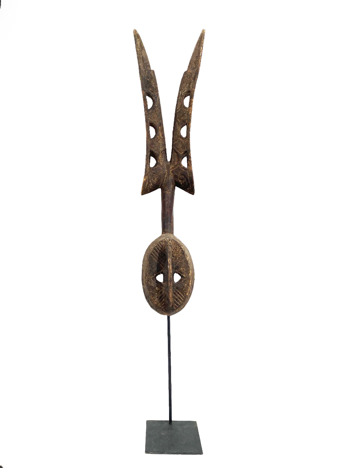 #5472 African Vintage Dogon Antelope Mask Mali 51.5" H W/Iron Stand