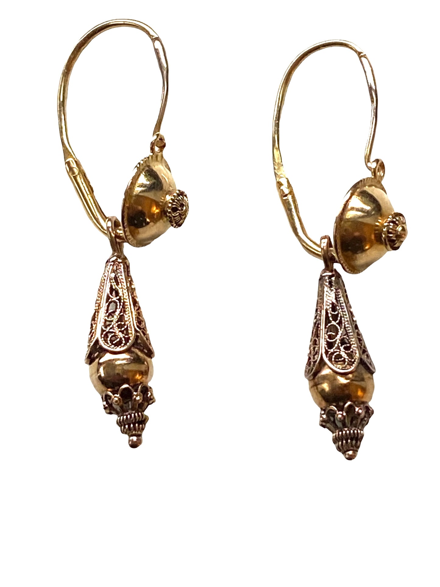 #4540 Antique Gold Portuguese 18k Filigree Bomb Drop Earrings