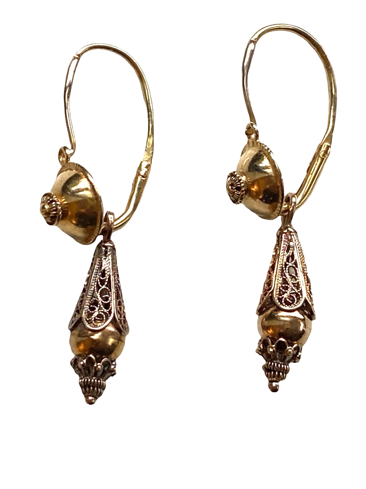 #4540 Antique Gold Portuguese 18k Filigree Bomb Drop Earrings