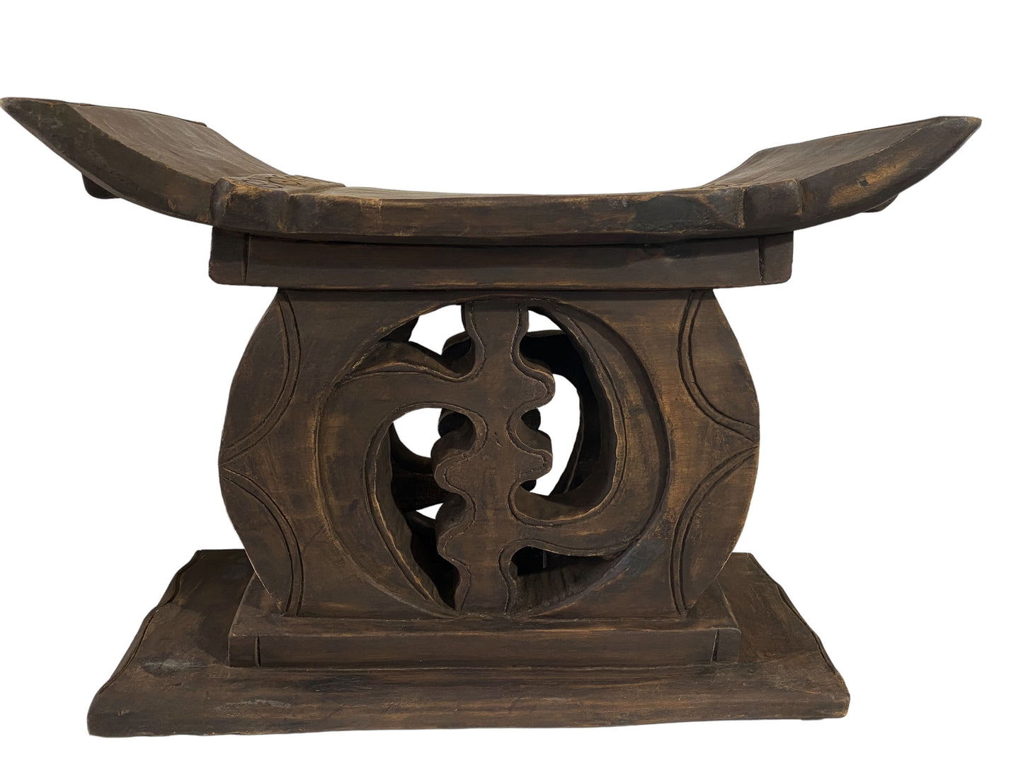 #5289 Superb Vintage Royalty Ashanti Carved Wood Stool 24" W by 18" H