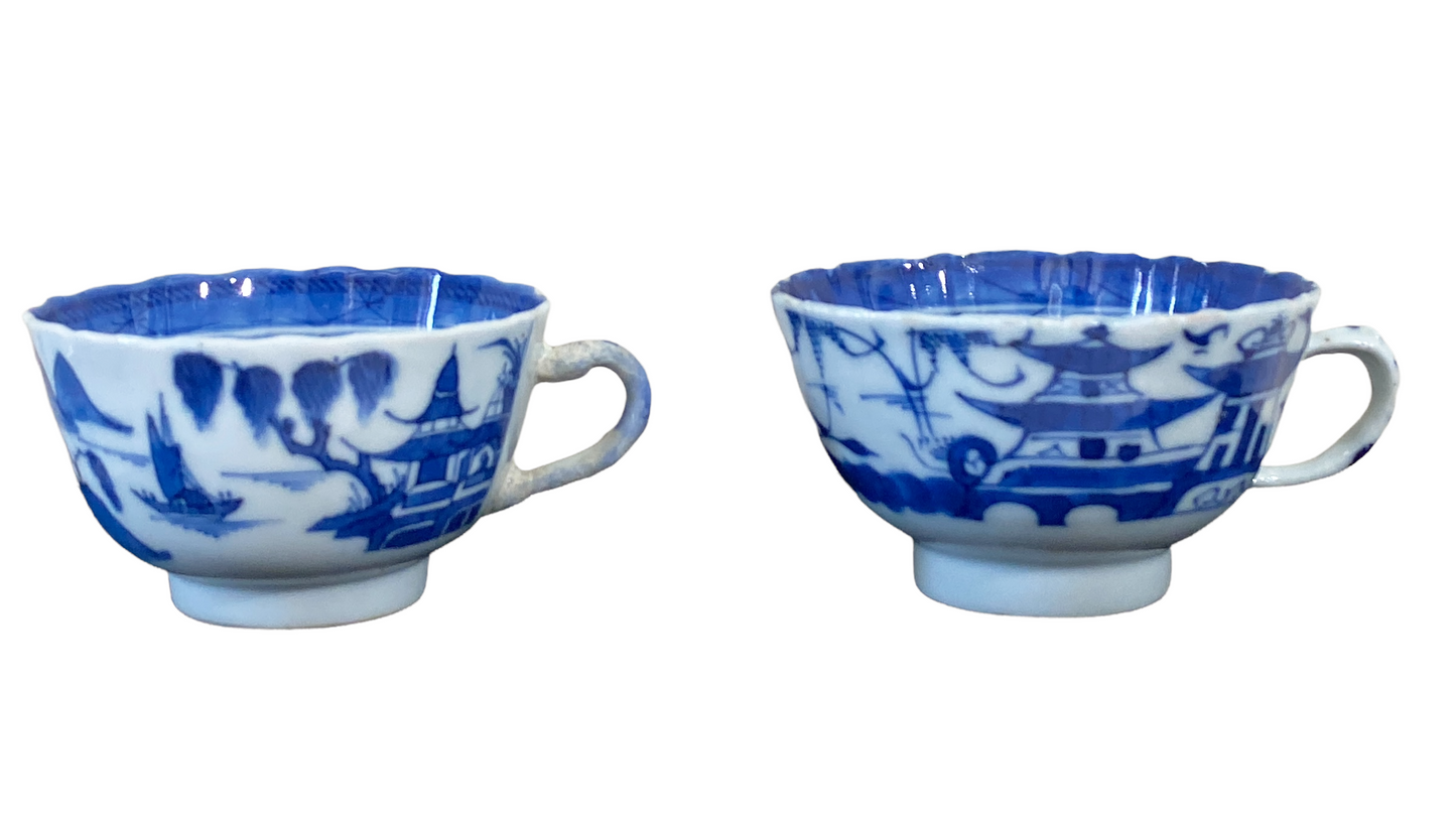 #4848 Antique Blue & White Canton Pagoda Pattern Tea Cups S/2