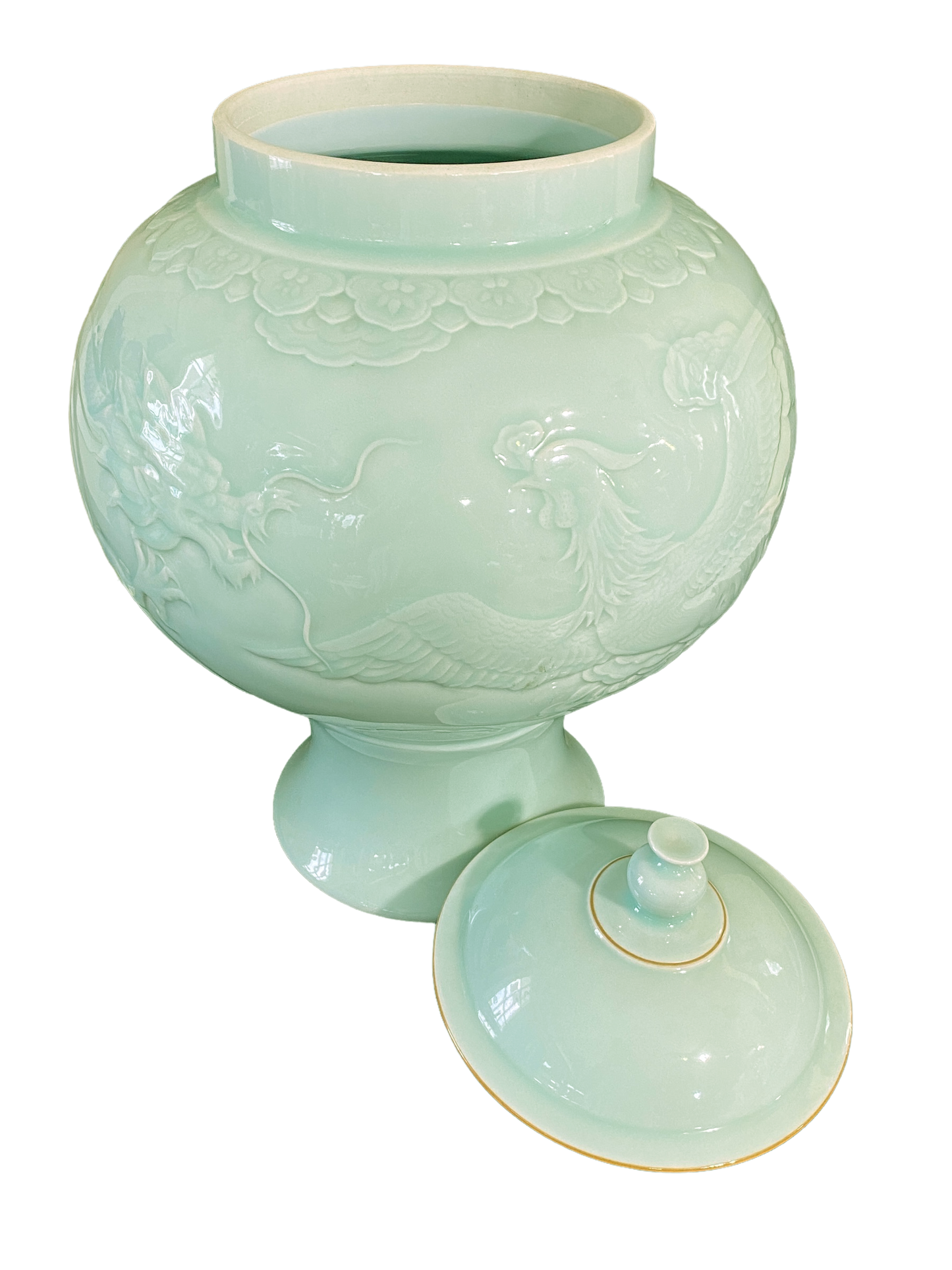 #993 Chinoiserie Porcelain Celadon Glaze Lidded Ginger Jar 19.5" H .