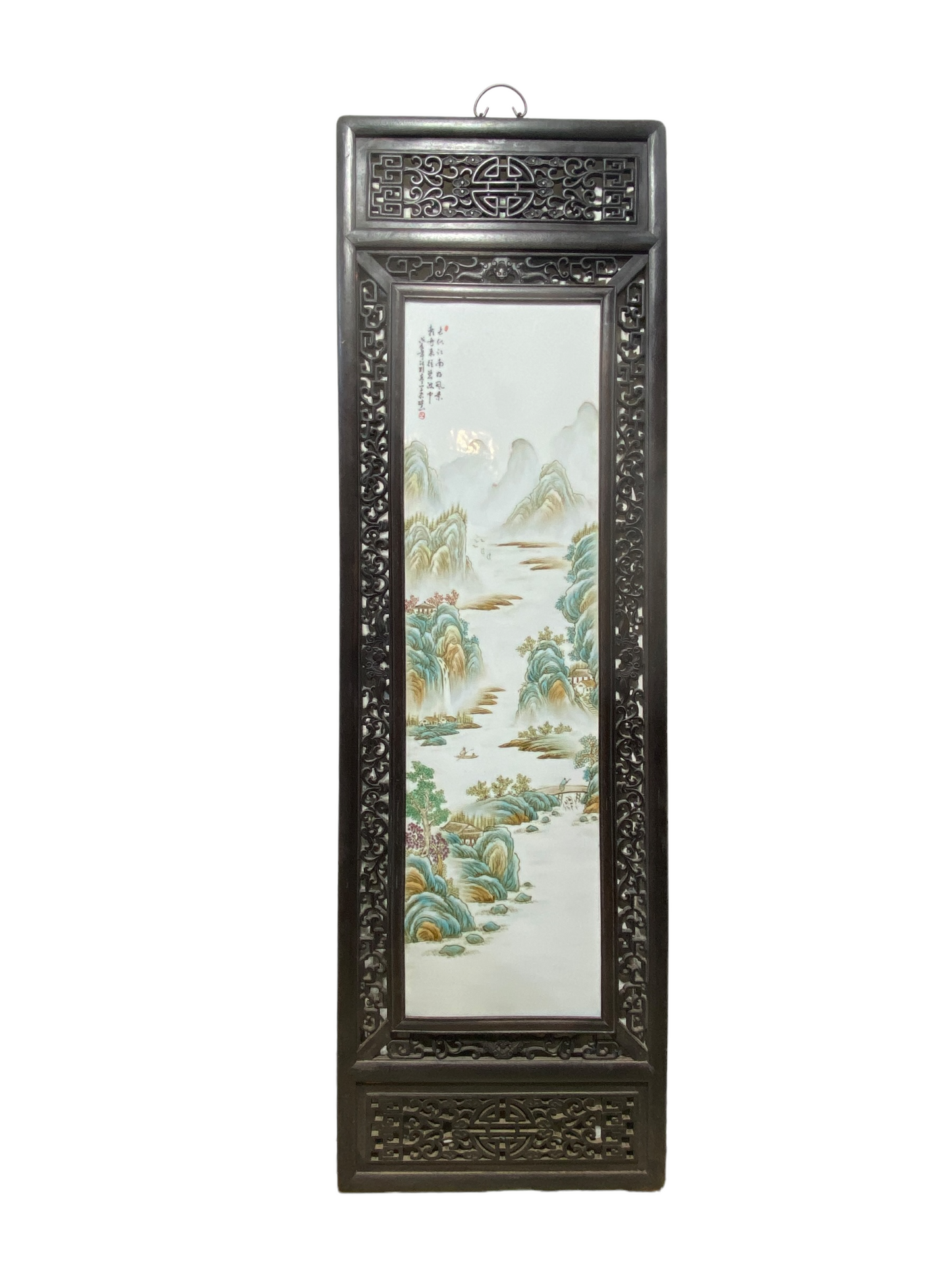 #5064 Chinoiserie Hand Painted Famille Rose Porcelain Panel 67.5" H