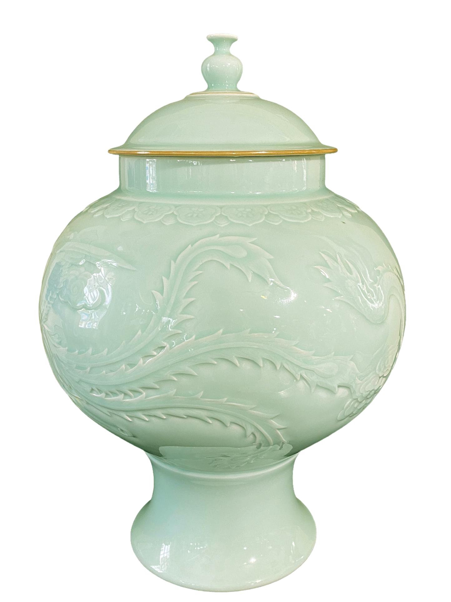 #993 Chinoiserie Porcelain Celadon Glaze Lidded Ginger Jar 19.5" H .