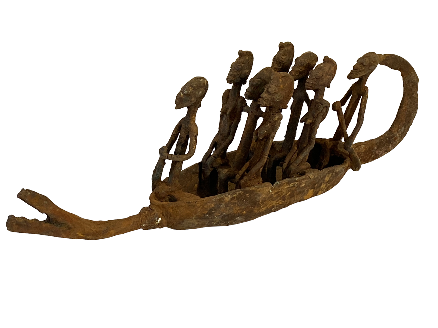 #4899 Large Dogon Bronze Pirogue Crocodile Boat W/ figures , Mali 15.5" W