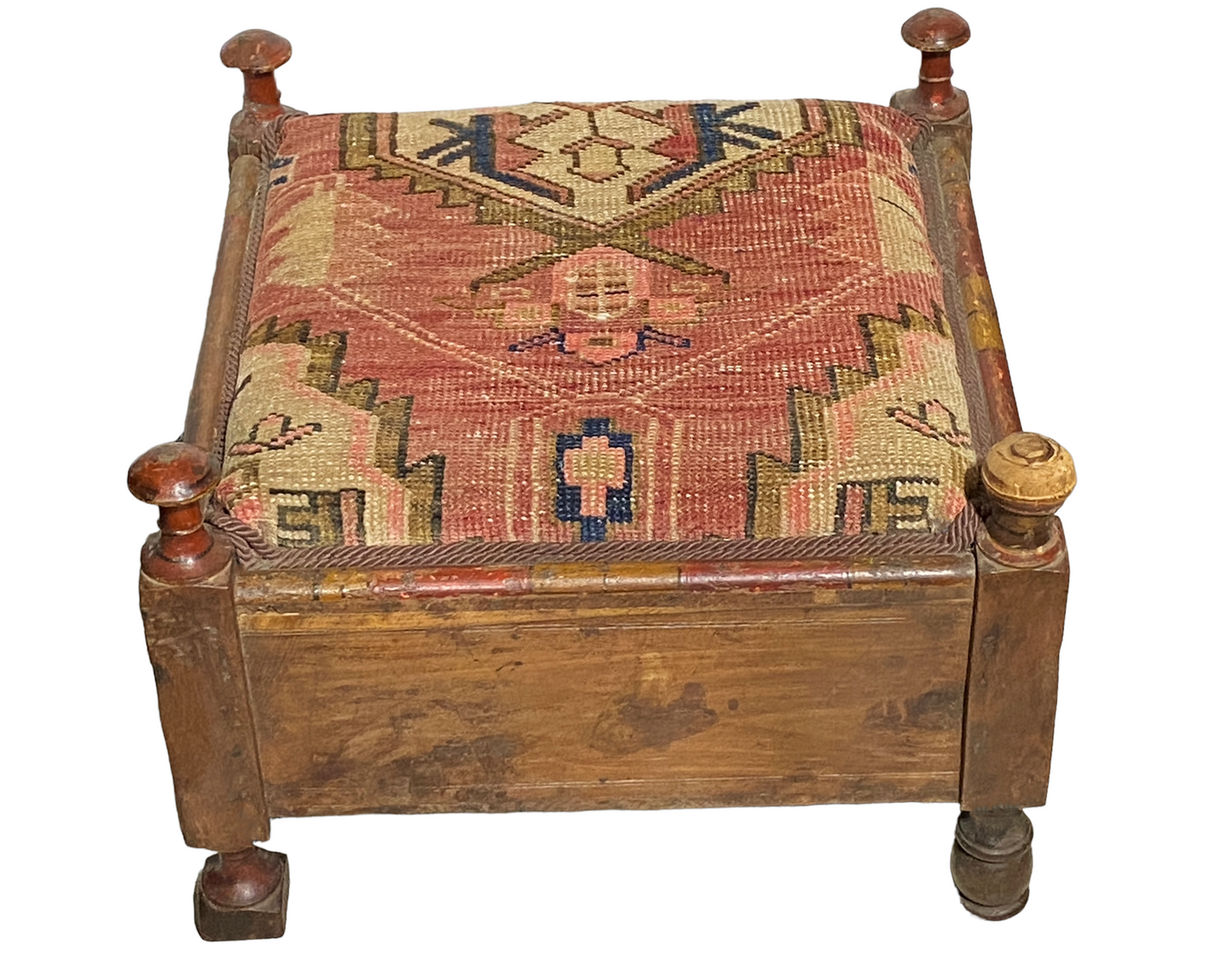 #5029 Old Indian Punjabi Square Low Stool With Antique Hamadan Seat