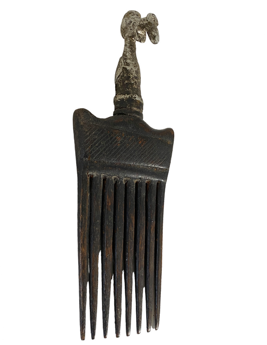 #915 African Baule I.Coast Comb W/ Aluminum  Bird Head Sculpture 7.75 " h