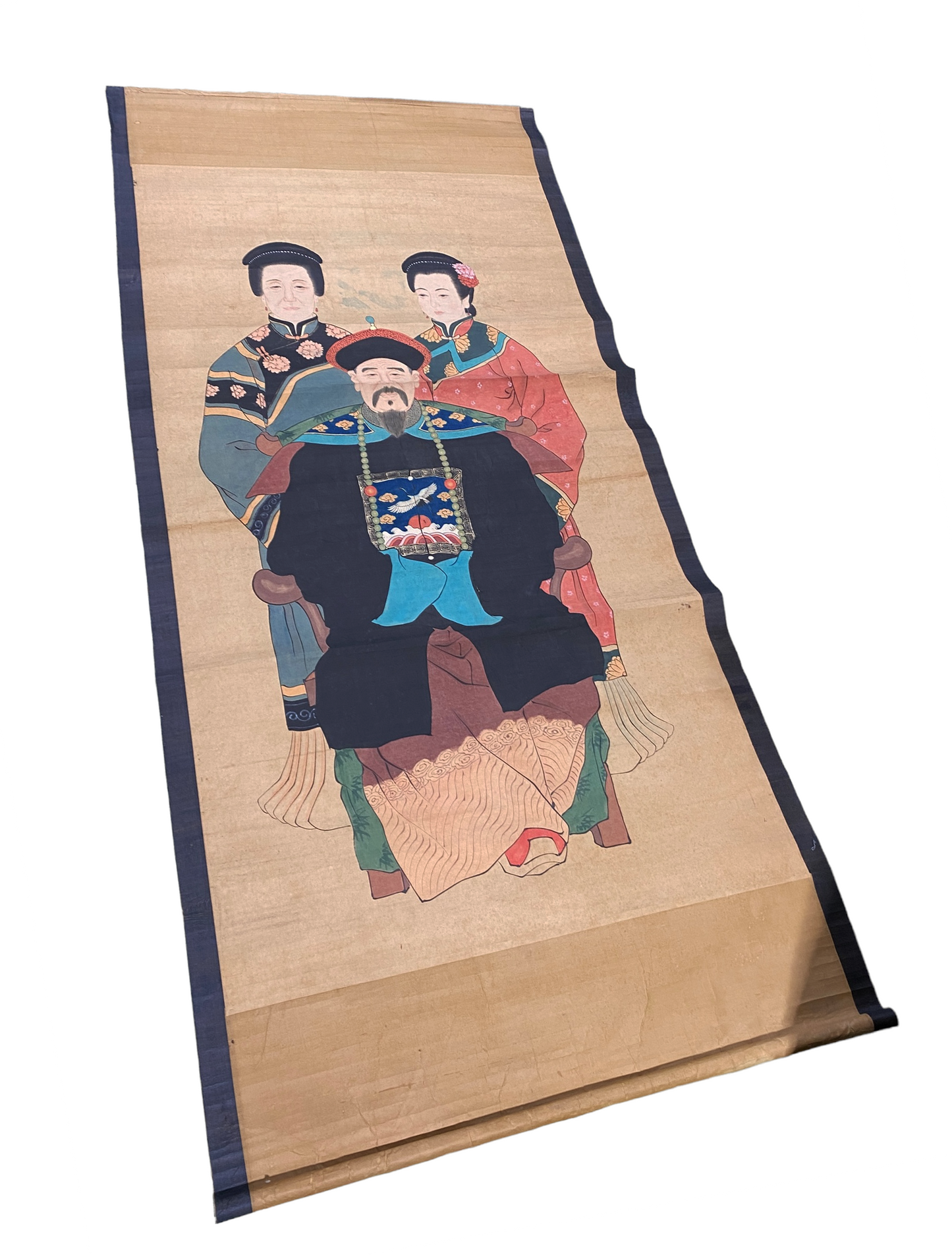 #5224 Large Old Chinoiserie Hand-Painted Color Ink Ancestors Scroll 90" H