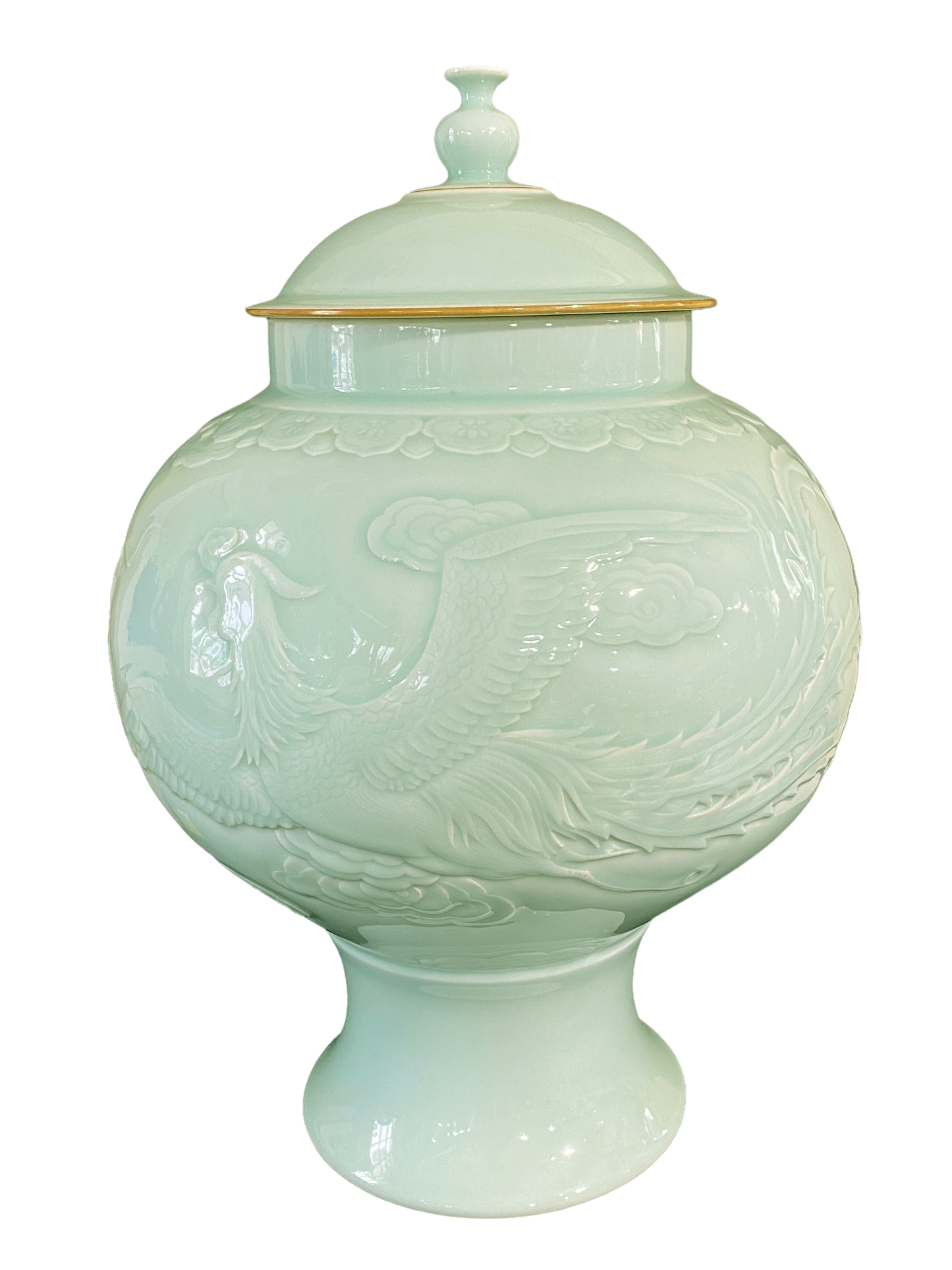 #993 Chinoiserie Porcelain Celadon Glaze Lidded Ginger Jar 19.5" H .