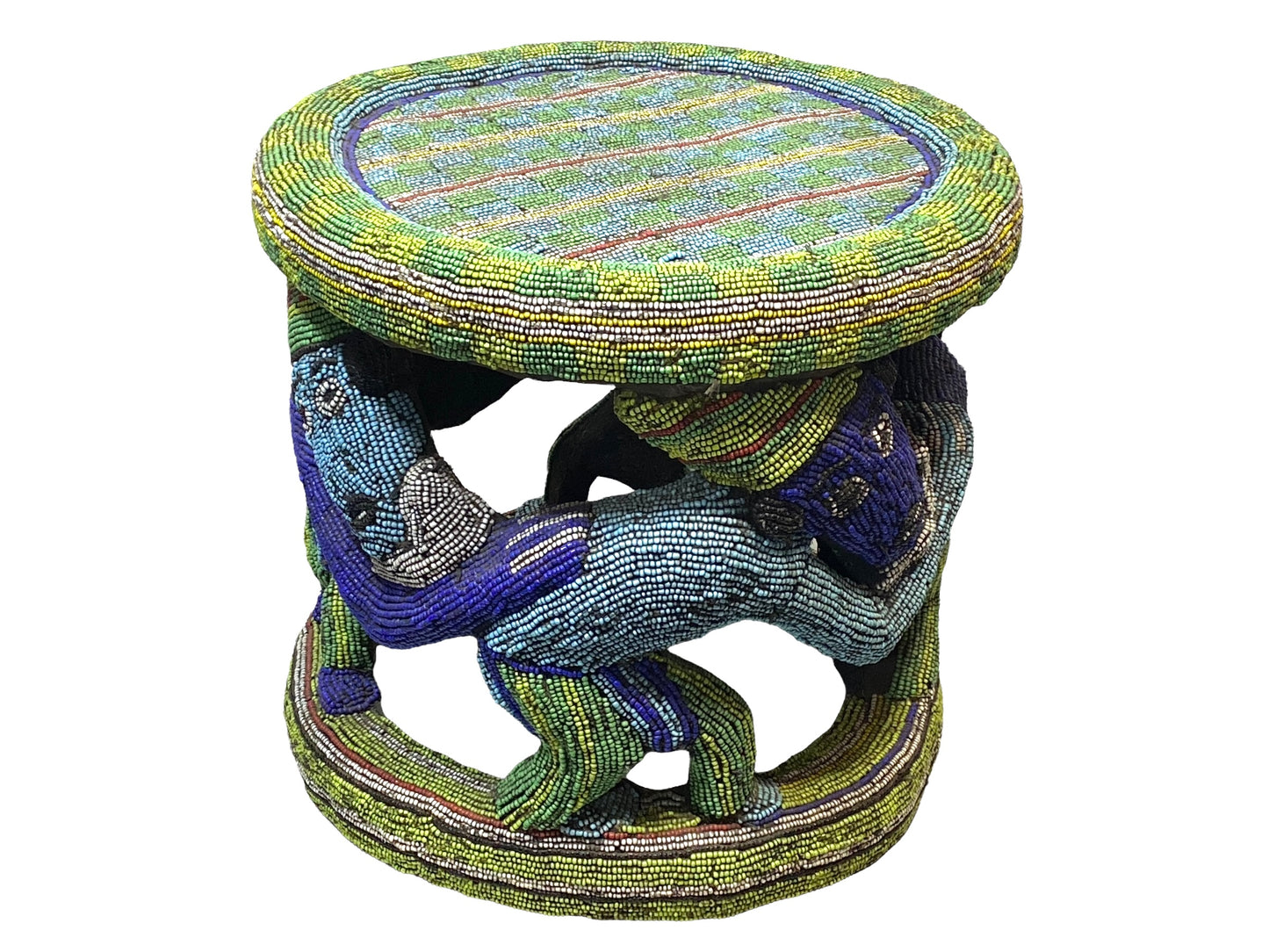 # 4580 LG Nobility Beaded Wood Bamileke Throne /Table/ Stool Cameroon 19.5" D